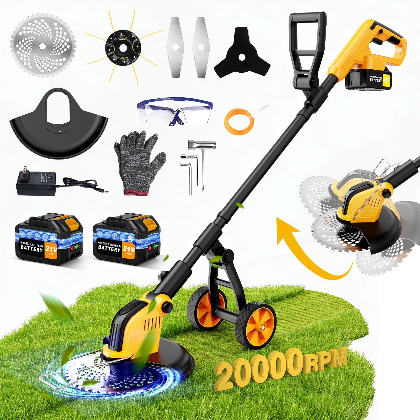 Electric Weed Wacker Cordless, Electric String Trimmerwith 3 Types Blades &amp; Removable Auxiliary Wheels, BrushCutter &amp; Grass Trimmer &amp; Lawn Edger with for Garden Yard