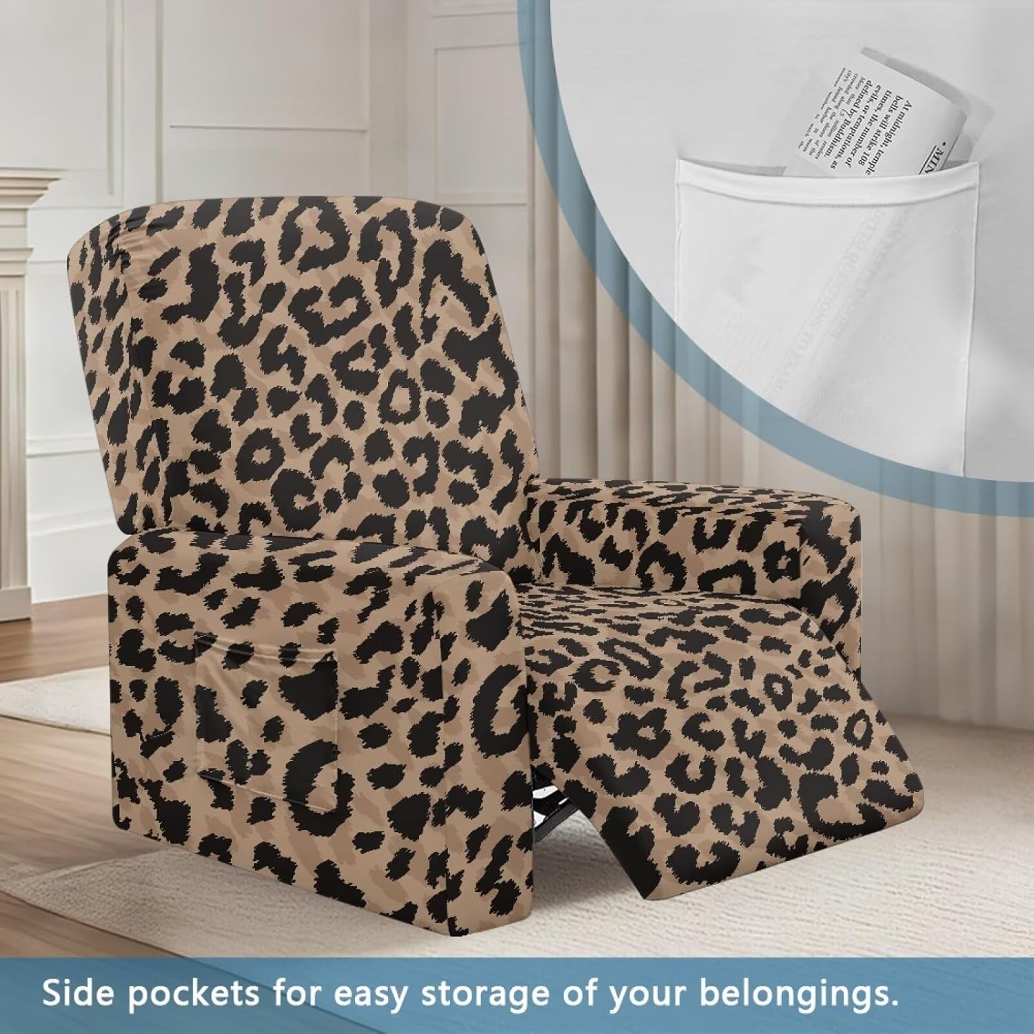Horeset Leopard Print Recliner Chair Covers with Storage Pocket Lazy Boy Recliner Covers Non-Slip Sofa Slipcover Stain Against Pet Protector Furniture Cover Easy to Install