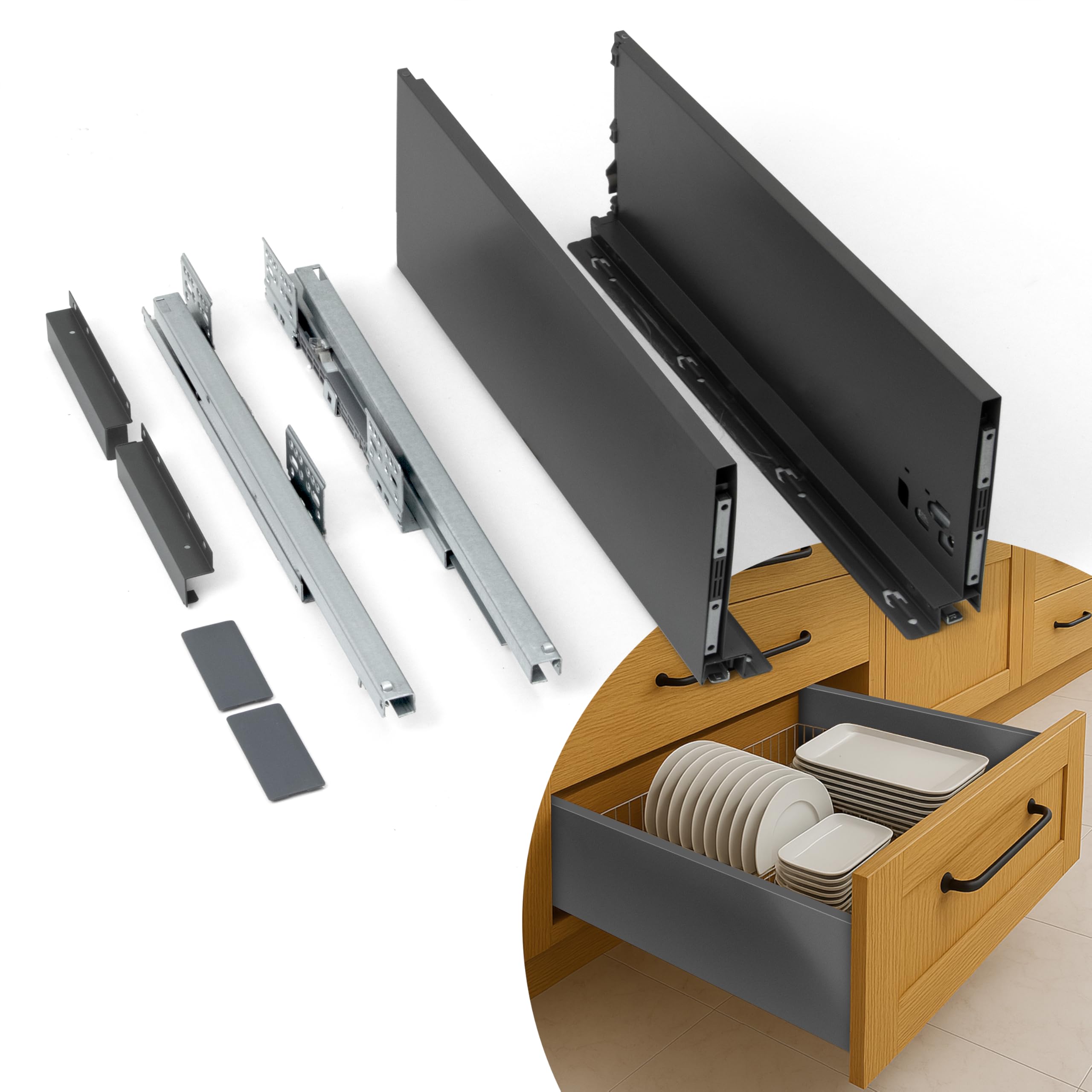 Plantex Tandem Box Drawer for Kitchen/Soft Close Tandem Box for Modular Kitchen/Tandem Basket/Load Capacity Upto 45 Kg - Grey (22 x 8 inch)