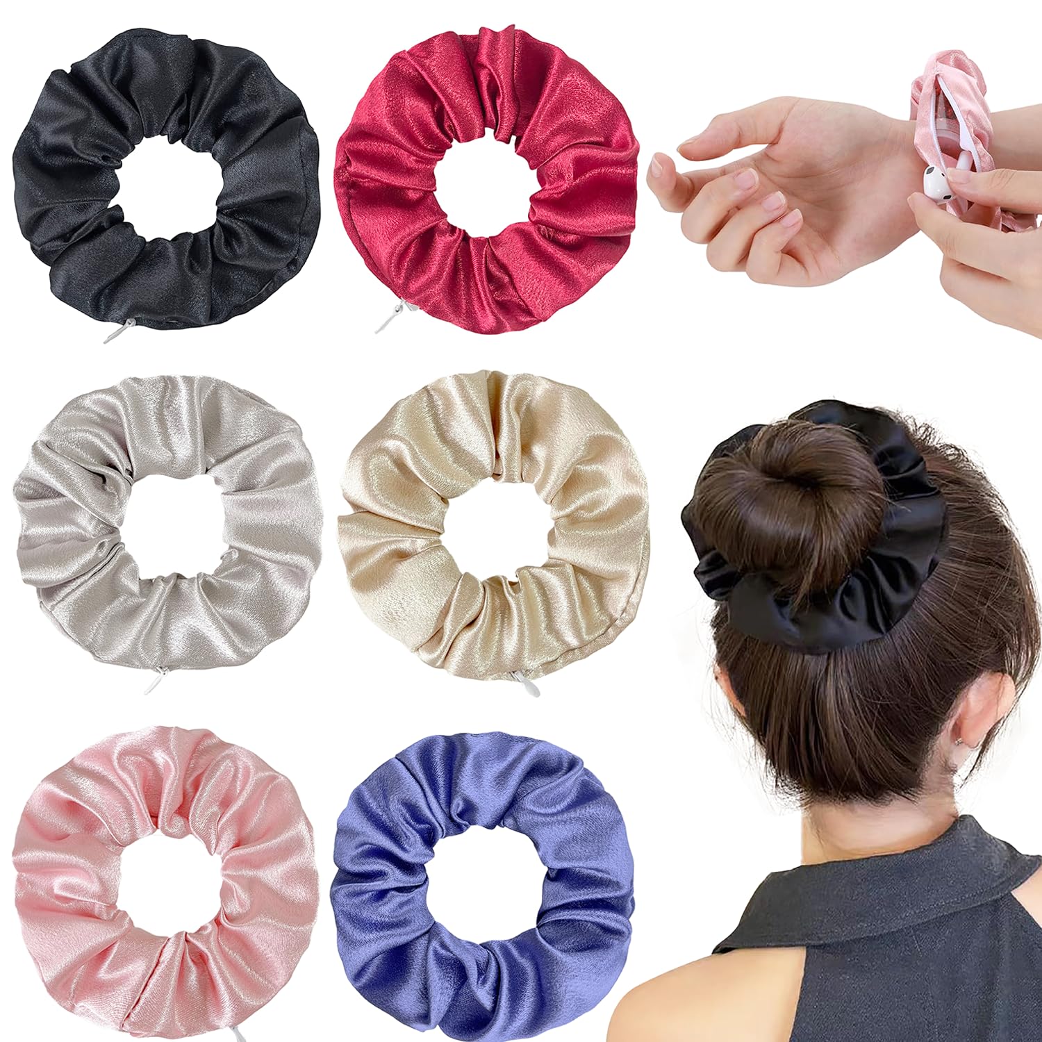 6 Pezzi Scrunchie con Tasca con Cerniera Nascosta, Elastici in Raso, Elastici Capelli in Morbida Seta,Fascetta per Capelli con Tasca Nascosta Accessori,per Donne e Ragazze Accessori per Capelli