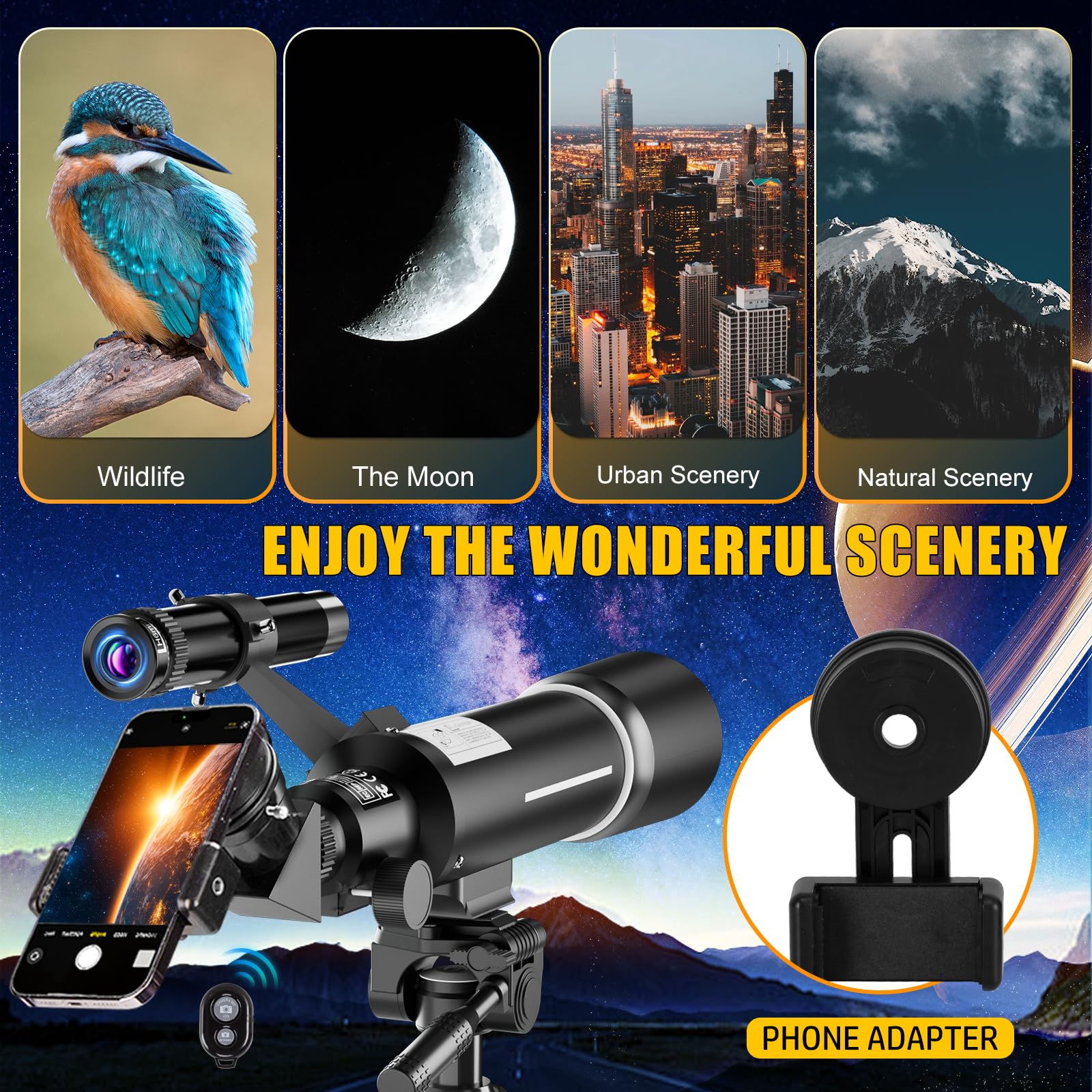 Teleskop Astronomiczny 500/70mm, 200x, ze statywem, adapter do telefonu, filtr księżycowy i 3 okulary, dla początkujących i dzieci