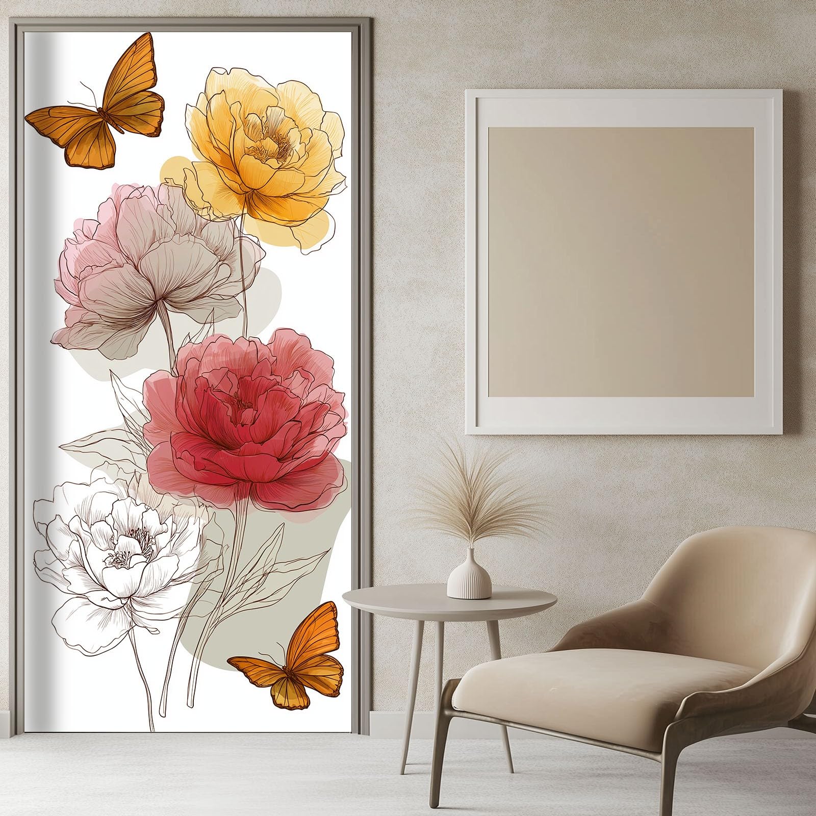 Sticker porte dessin au trait fleur de rose un design épuré pour intérieur moderne