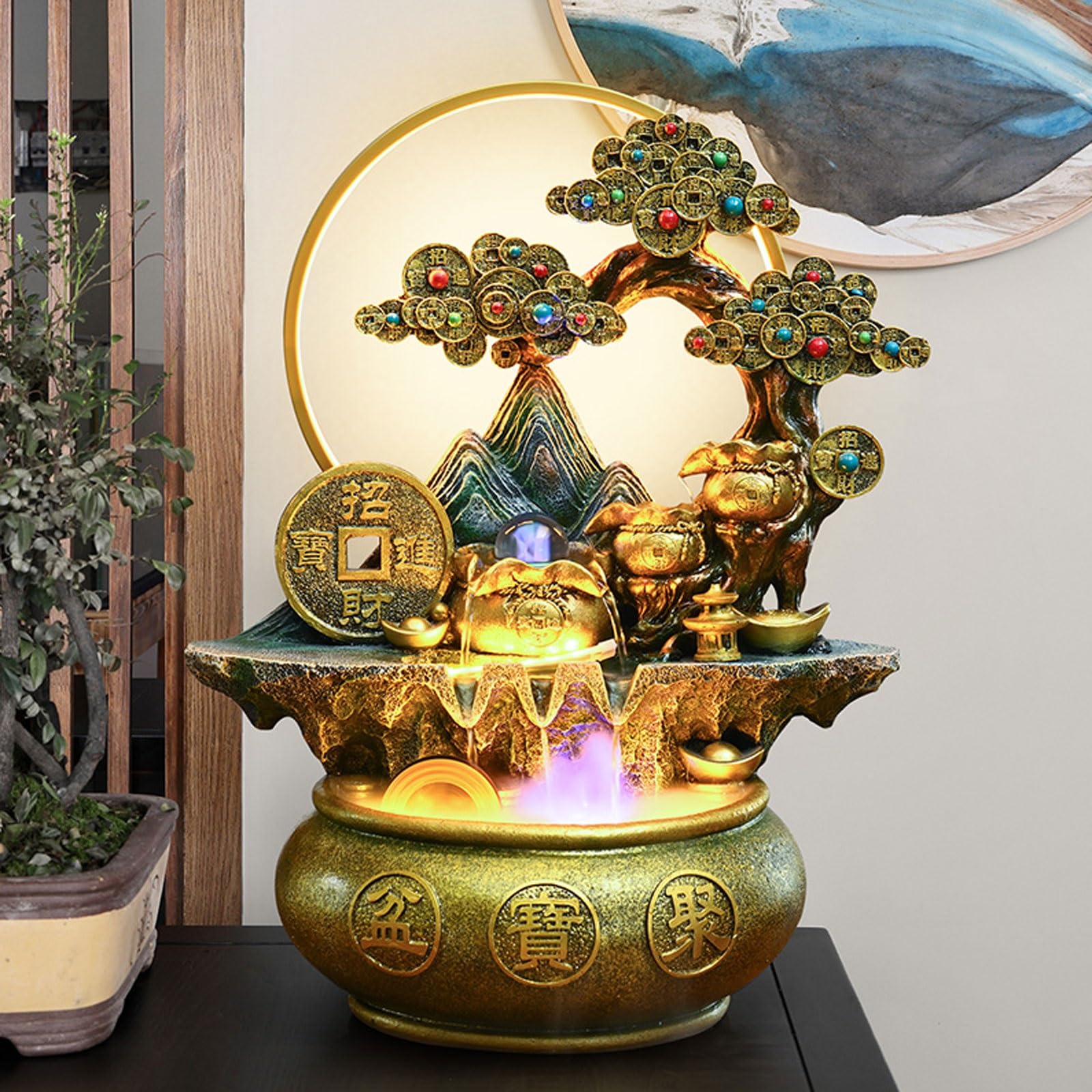 Fuente de agua de mesa con luz LED y función de niebla para decoración zen y relajación en interiores