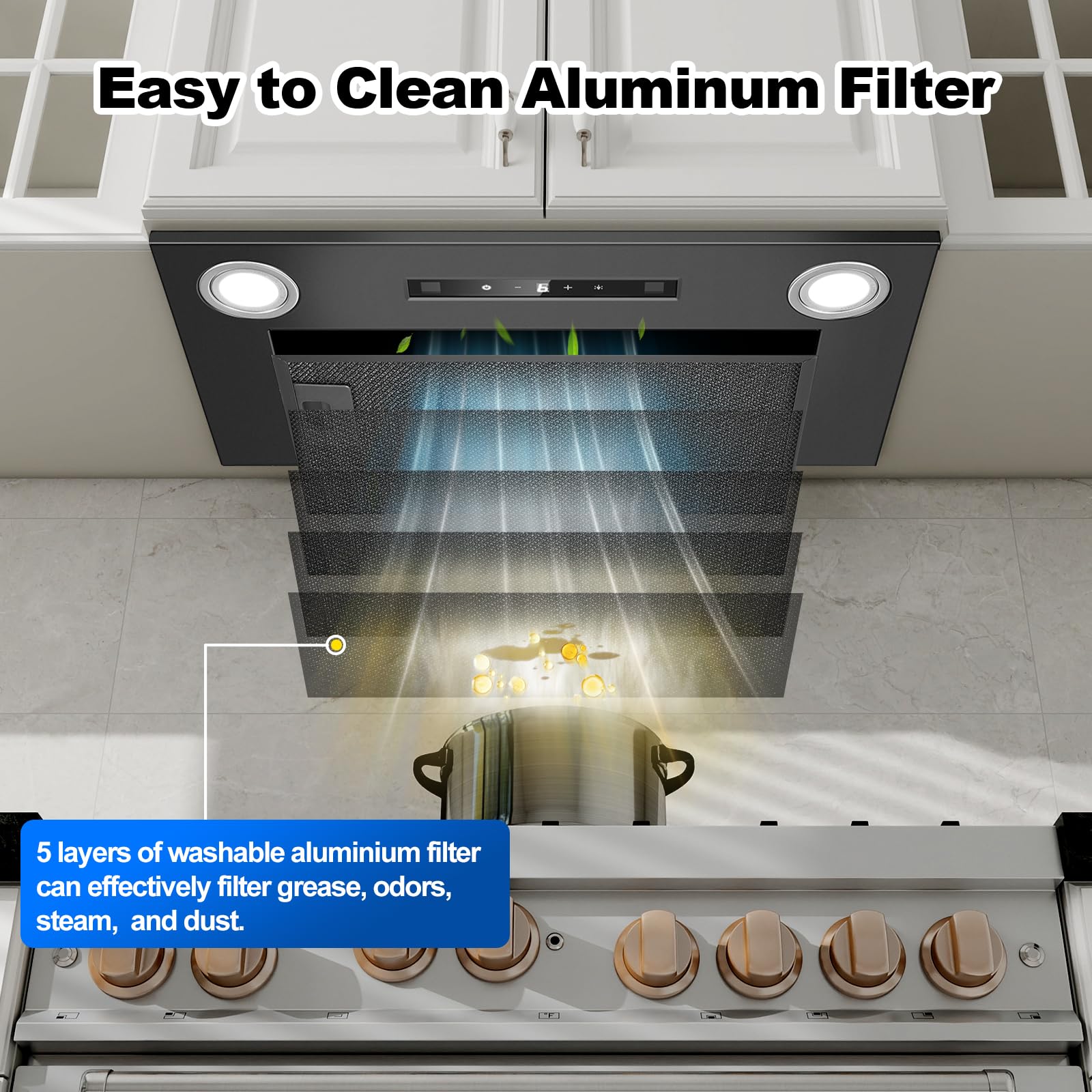 Cappa da incasso 52 cm, 400 m³/h, Nero Cappa da cucina, Comandi Gesto, Tocco, 3 velocità e Booster, Illuminazione a LED, Evacuazione dei condotti e ricircolo con filtro carbone attivo
