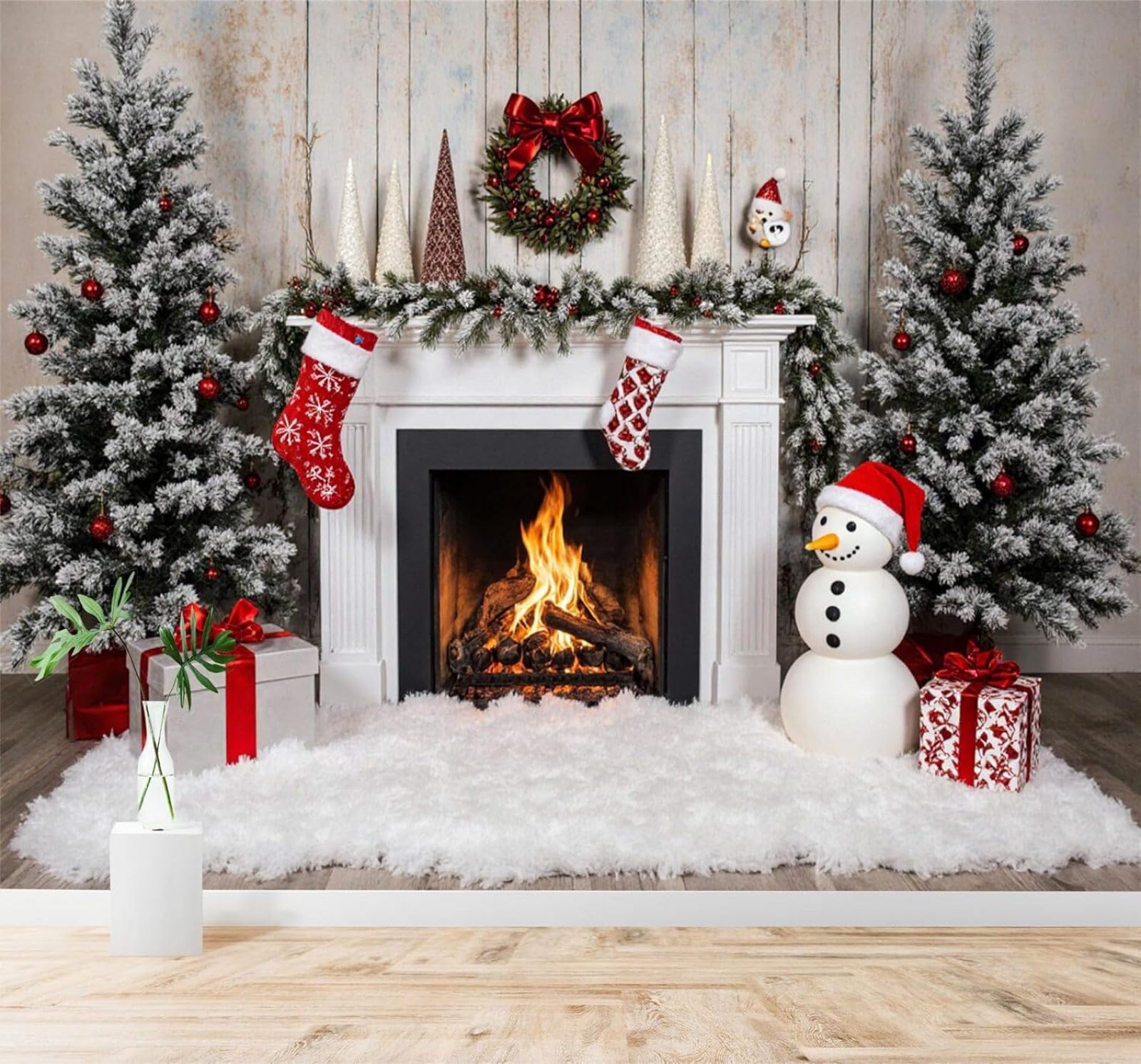 XLMING Three Dimensional Snowman Fireplace Frosted Pine Tree Wood Grain 3D Wallpaper Silky Texture Home Study Office Grey Dining Room Sofa Bedroom Living Room TV Backdrop-200cm×140cm
