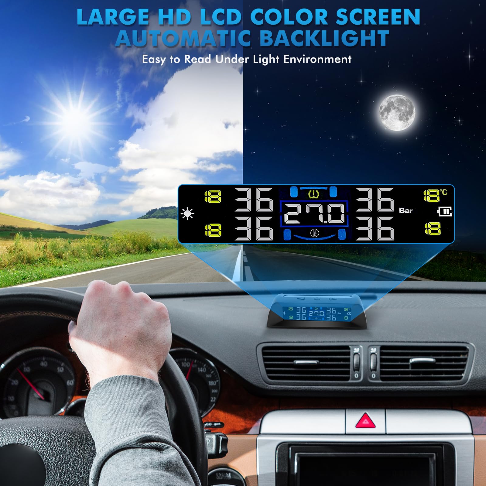 KAOLALI Sistema di Monitoraggio della Pressione dei Pneumatici, Visualizza La Temperatura all'Interno della Vettura TPMS, 6 modalità Allarme, con 4 Sensori Pressione Pneumatici (0-72 PSI)