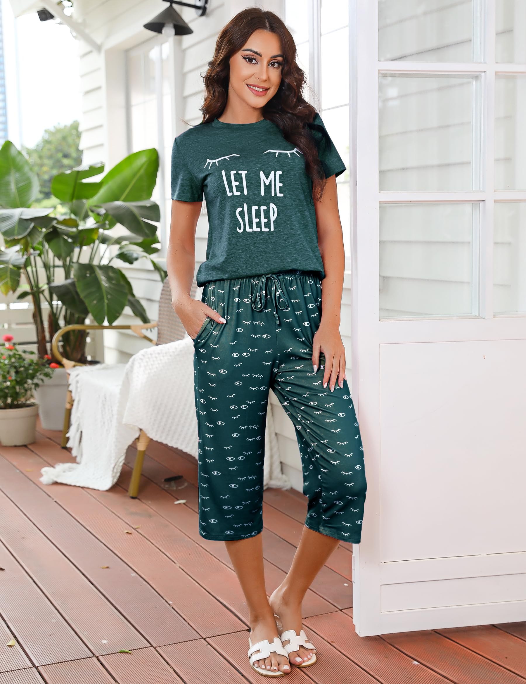 Uniexcosm Pijama de Mujer Algodón Pijama de Dos Piezas Gatos Verano Manga Corta Pijamas Mujer Ropa de Dormir Top y 3/4 Pantalones