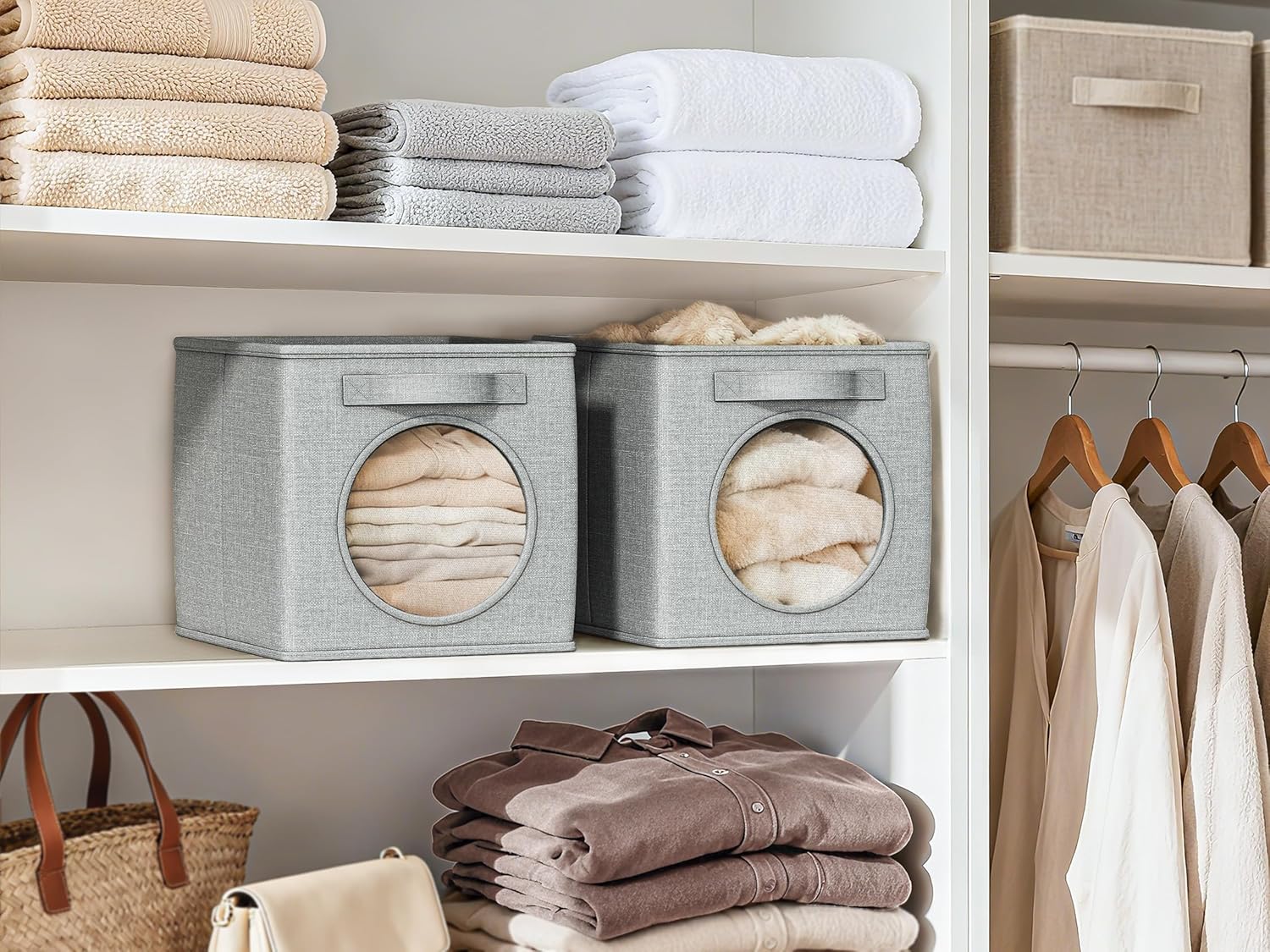 Vailando Ultra Thick Fabric Foldable Storage Bins with Mesh Window - 13 Inch Cube Storage Organizer for Clothes, Shelves, Offices, Toys & Misc, Light Gray, 4 Pack