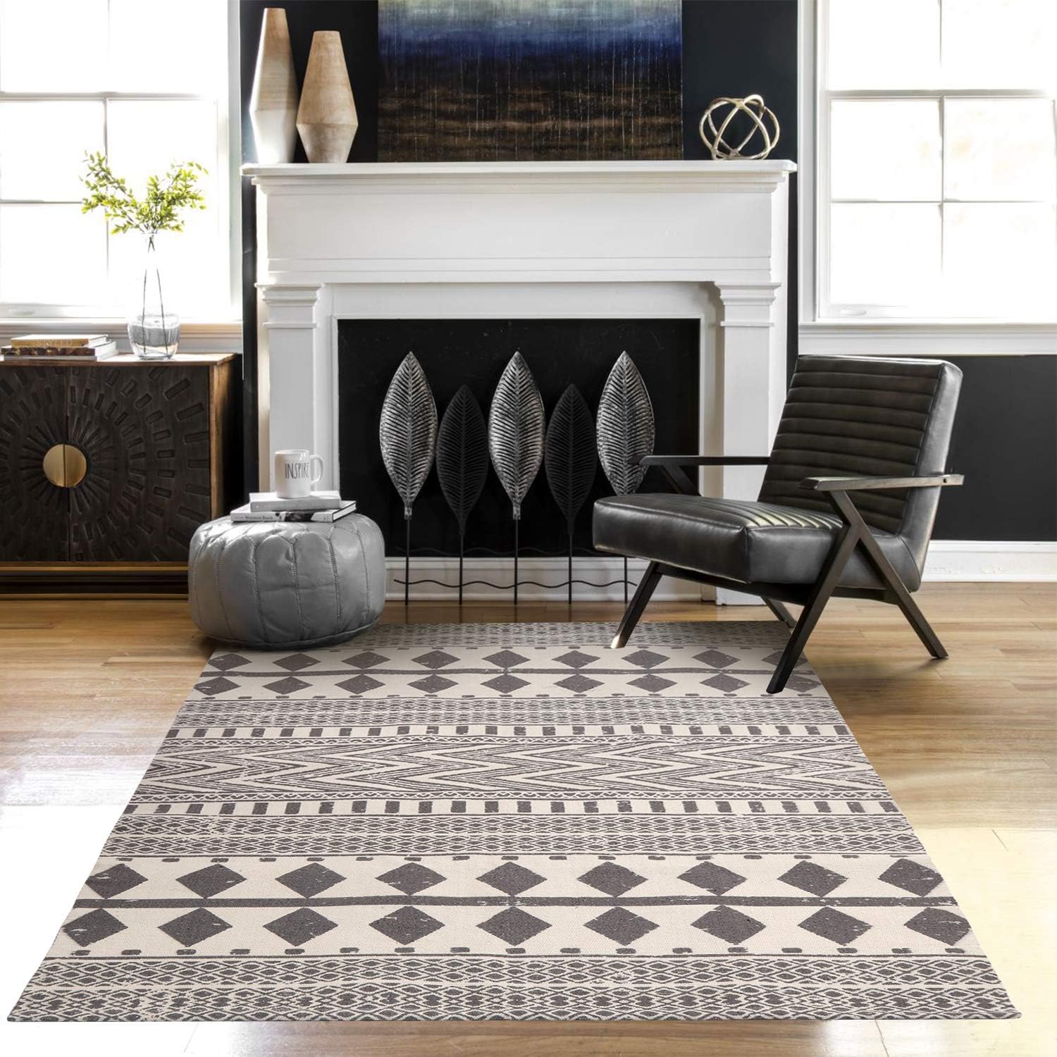 KIMODE Moroccan Cotton Area Rug 4' x 6'| Fringe Throw Rugs| Hand Woven Diamond Print Tassel Collection Rugs| Entryway Floor mat | Washable Indoor Floor Runner Rug| Bedroom Living Room Carpet