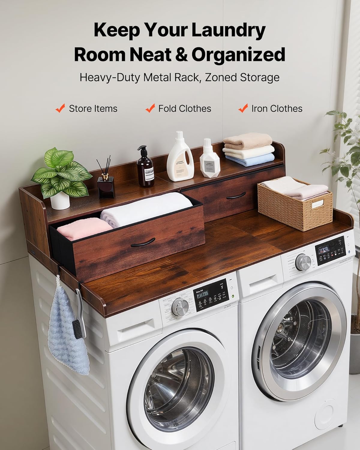 VEVOR 2 Drawers Washer Dryer Countertop with Shelf, 54" x 27" Wooden Laundry Countertop with 2 Hooks & Splicing Panels, Washer and Dryer Topper, Laundry Room Organization and Storage, Brown