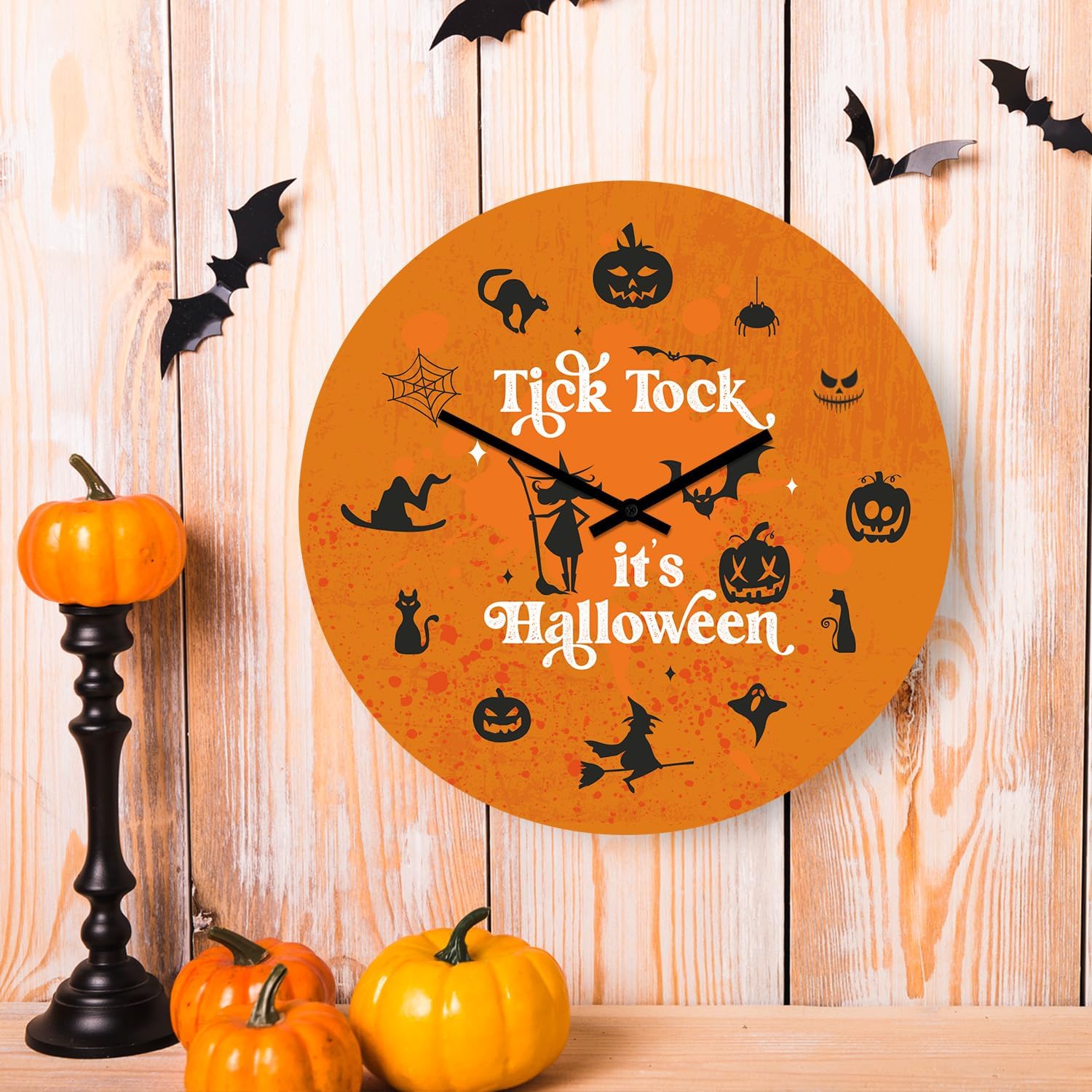 Halloween Wall Clock Tick Tock It's Halloween, Silent Non-Ticking, Battery Operated Clock,12 Inch Aluminum Composite Face, Uv Protected Ink Print, Suitable For Offices, Kitchen Bedrooms, And Bathrooms