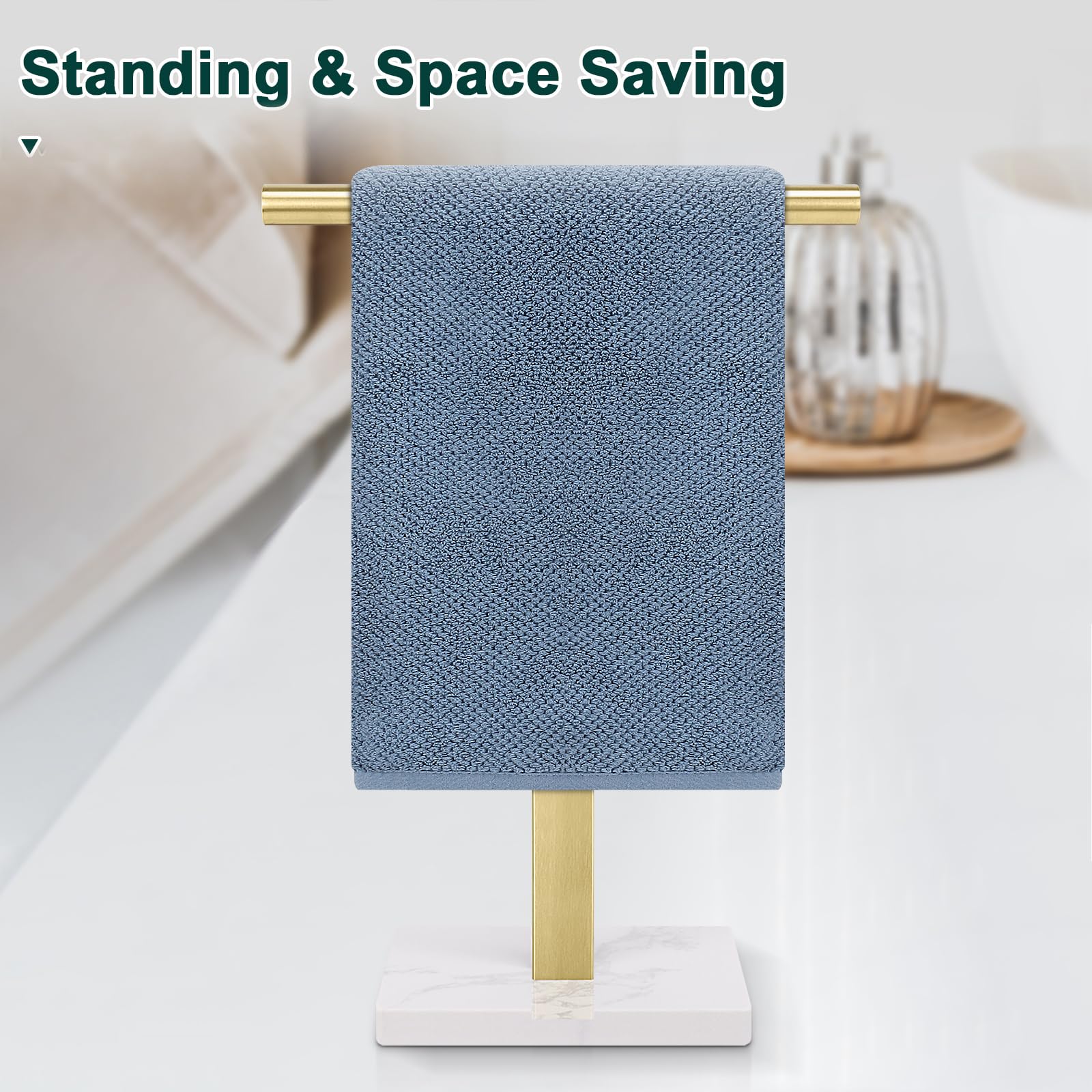 Soporte para toallas de mano, soporte para toallas de mano en forma de T para baño, toallero de mano para encimera de cocina, acero inoxidable 304 (base de mármol, dorado)