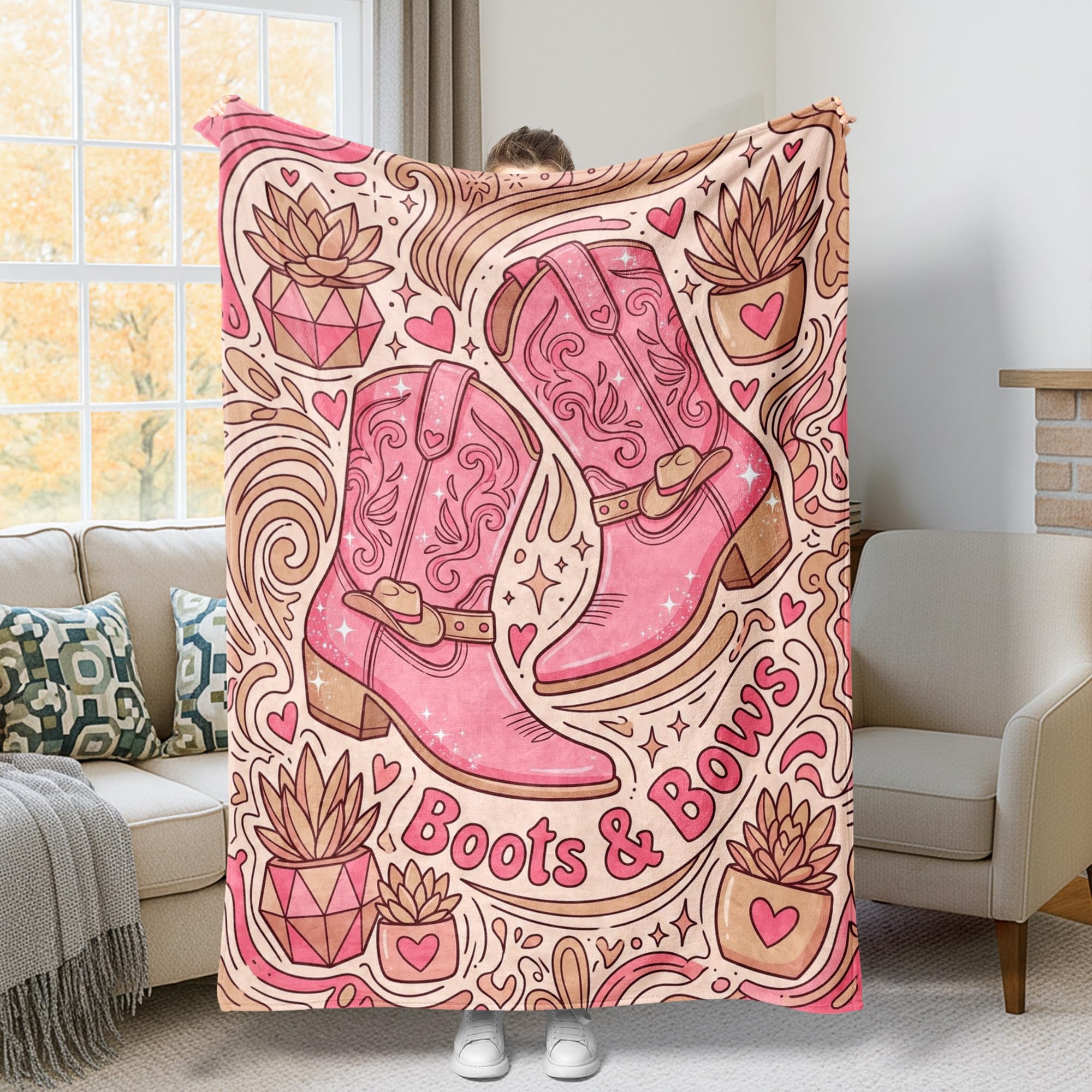 Manta con diseño de botas y corazones para decorar tu sofá o sillón reclinable este invierno