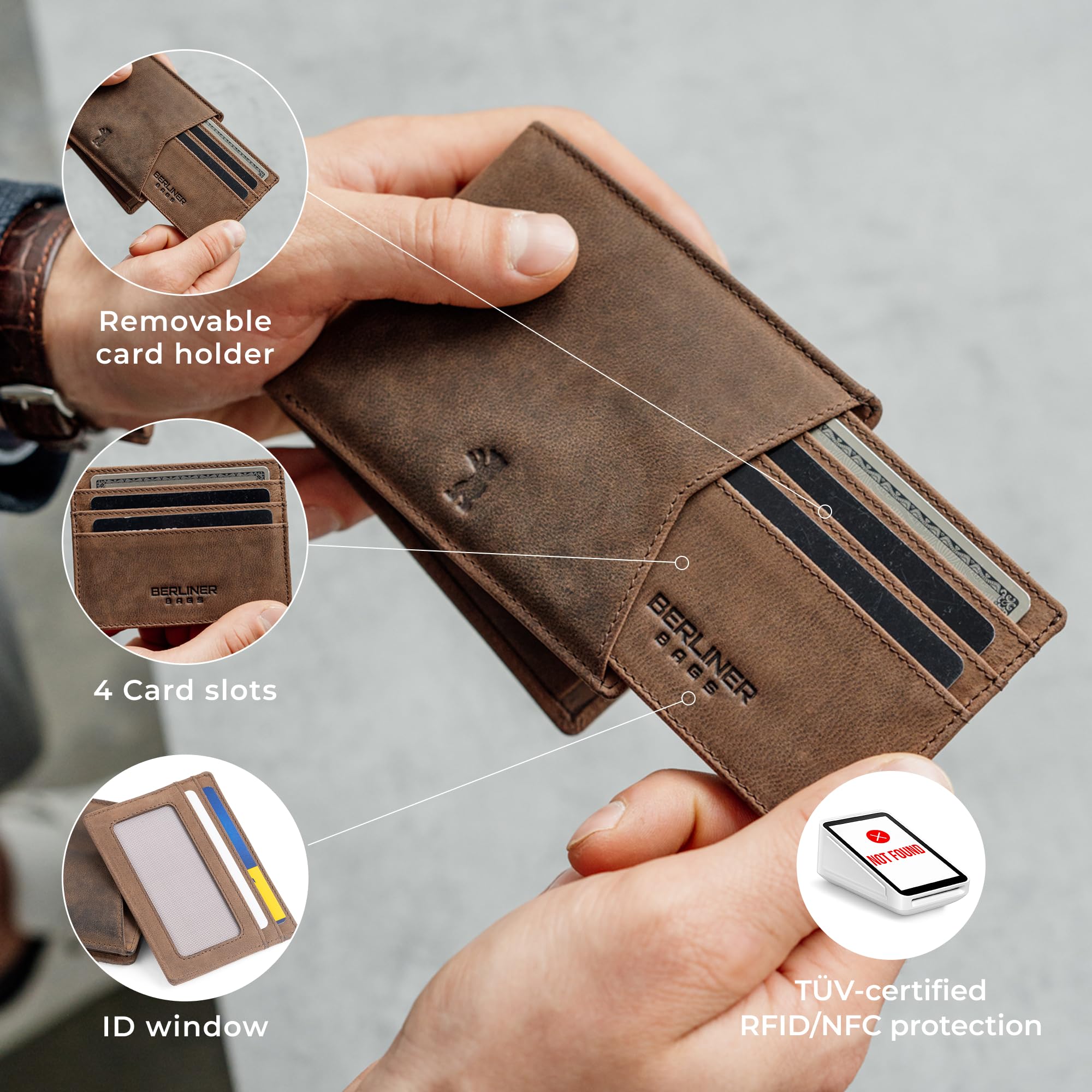 Berliner Bags Kiel Cartera de Piel Auténtica con Tarjetero Extraíble y RFID | Marrón Billetera De Cuero Hombre 8 Tarjetas Ventana Dni Monedero Cierre Botón Alemán Estilo Vintage Único Elegante Práctica