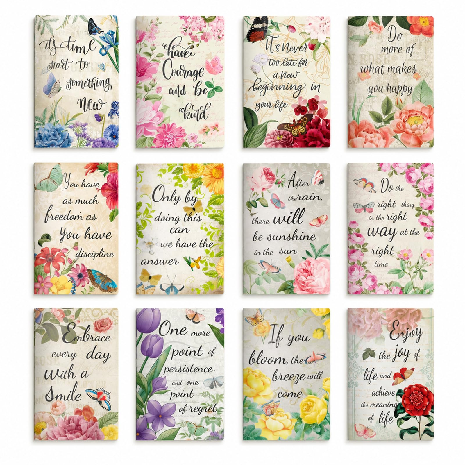 12 Pack Motivational Mini Notebooks Set, Butterfly Floral Pocket Notepads