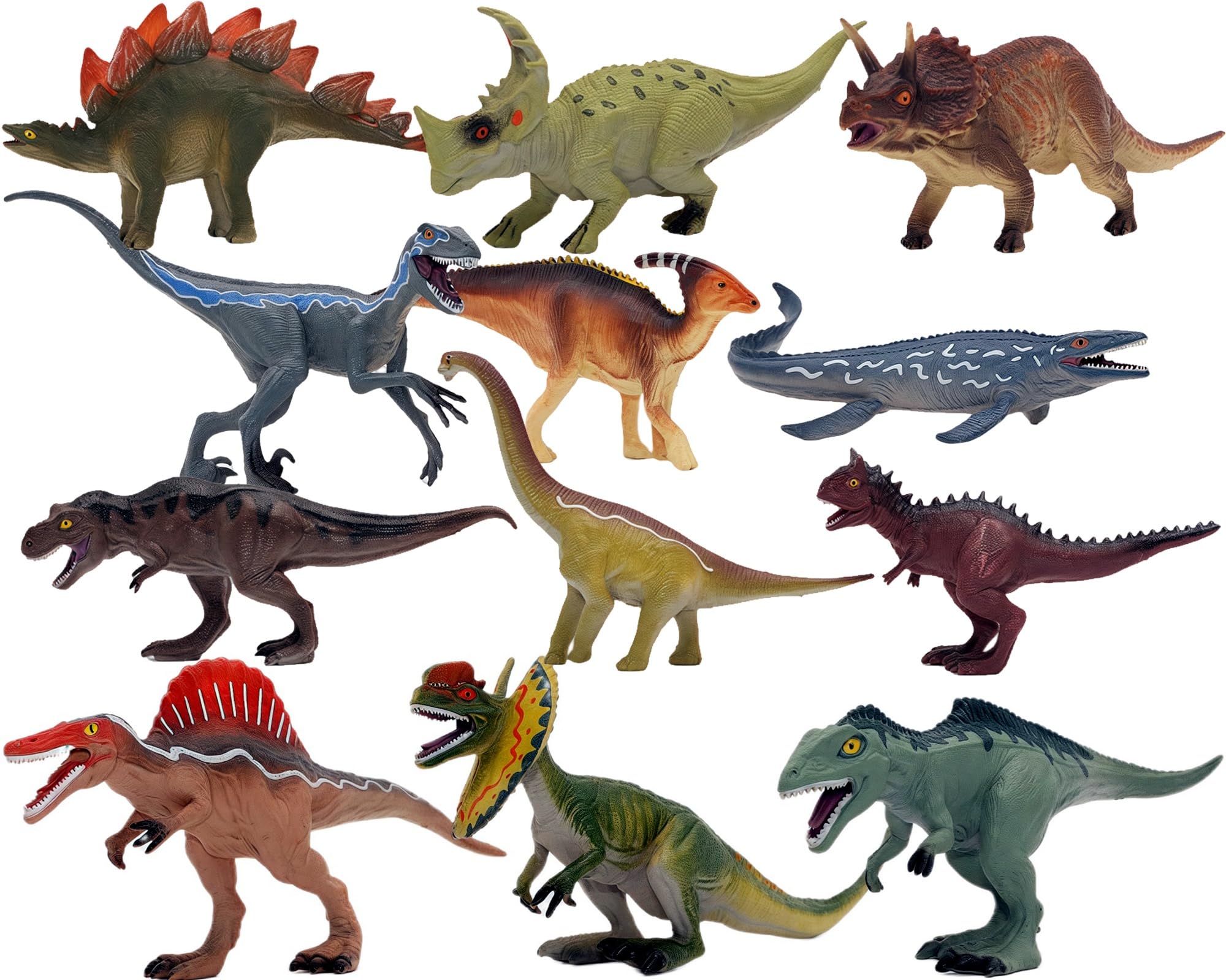 Gemini&Genius Dinosaurt Toy Set for Kids, Velociraptor, Dilophosaurus, Stegosaurus, Brachiosaurus, Spinosaurus, Mosasaurus - 12 Pcs Dinosaur Toys for Kids