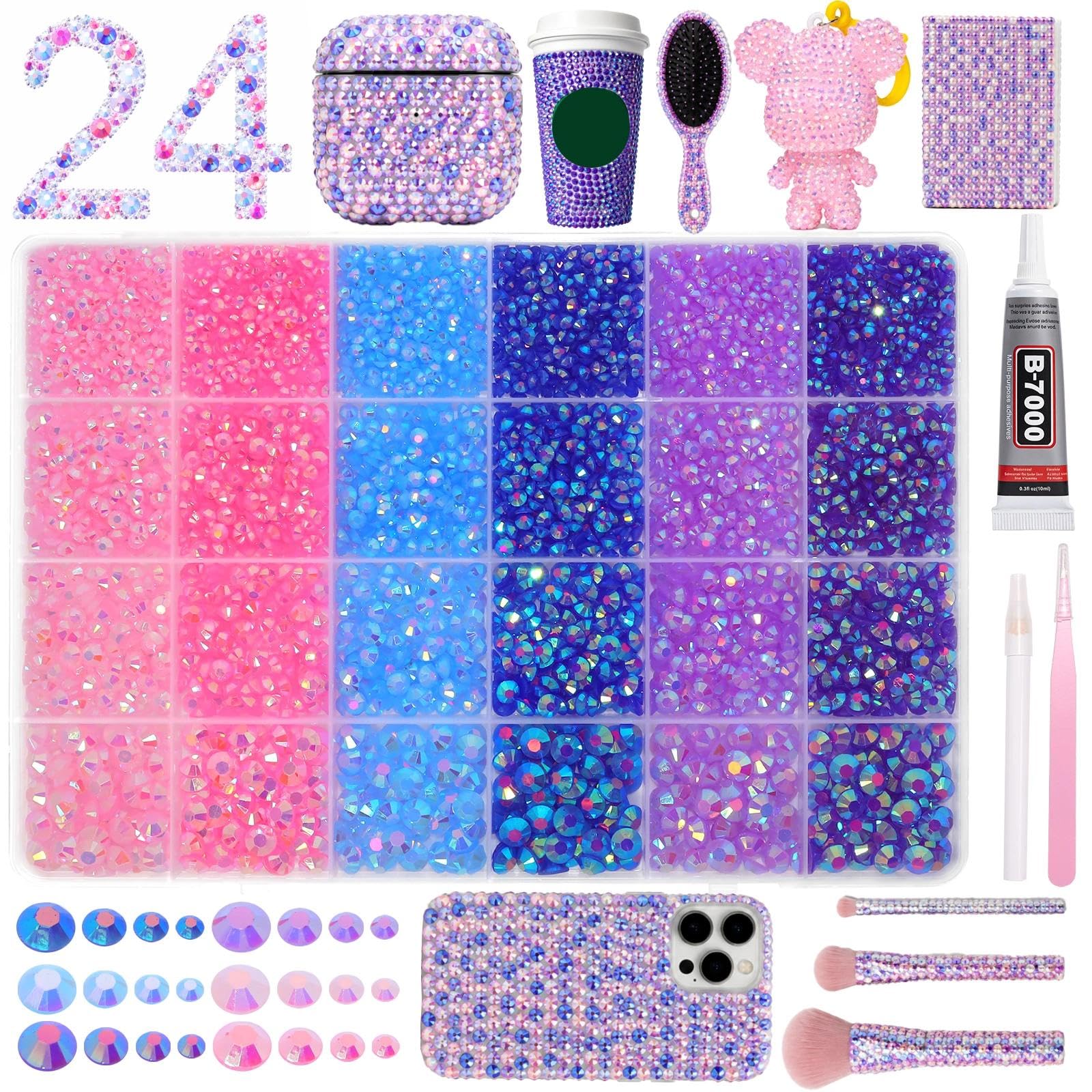 24 Grids Rhinestones Bedazzling Kit, Pink Purple Blue Flatback Resin Gems