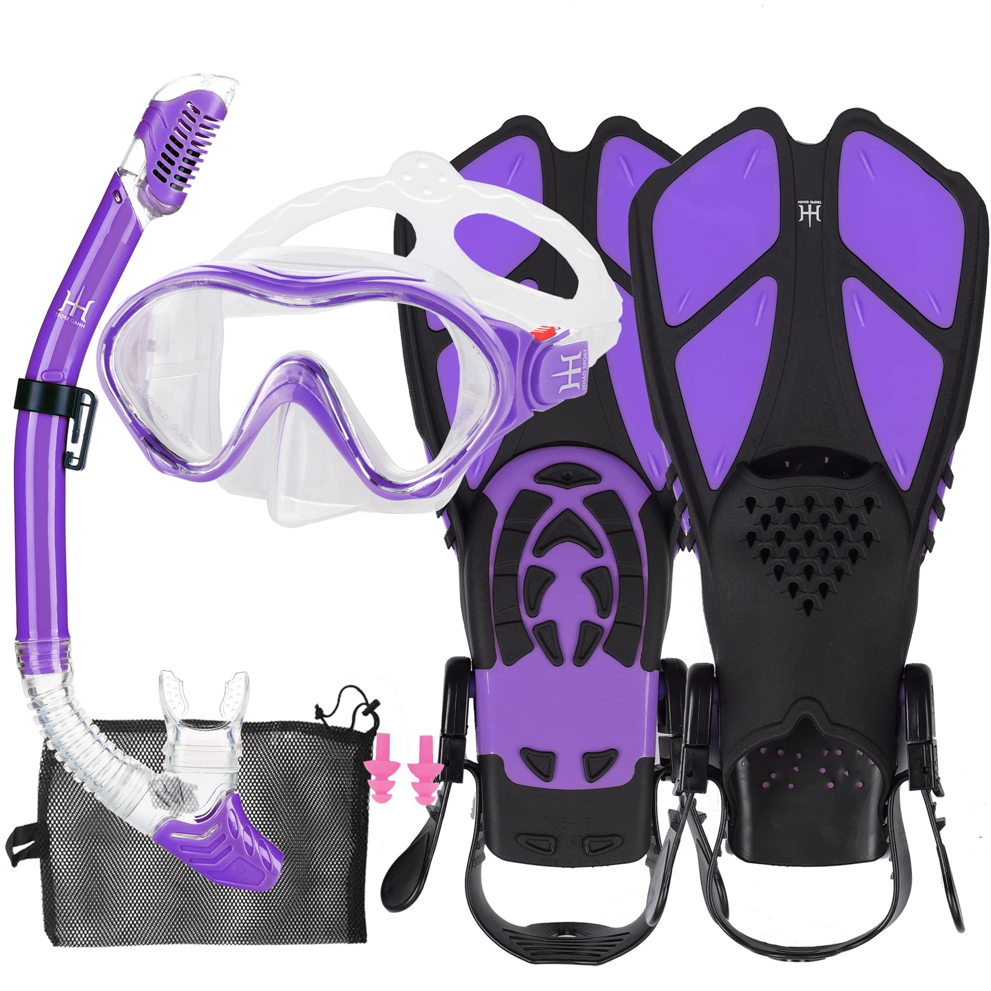 Kids Mask Fins Snorkel Set Snorkeling Packages, with Diving Mask, Snorkel, Adjustable Swim Fins, Mesh Bag, Anti-Fog Anti-Leak Snorkeling Gear for Kids for Snorkeling Swimming Diving