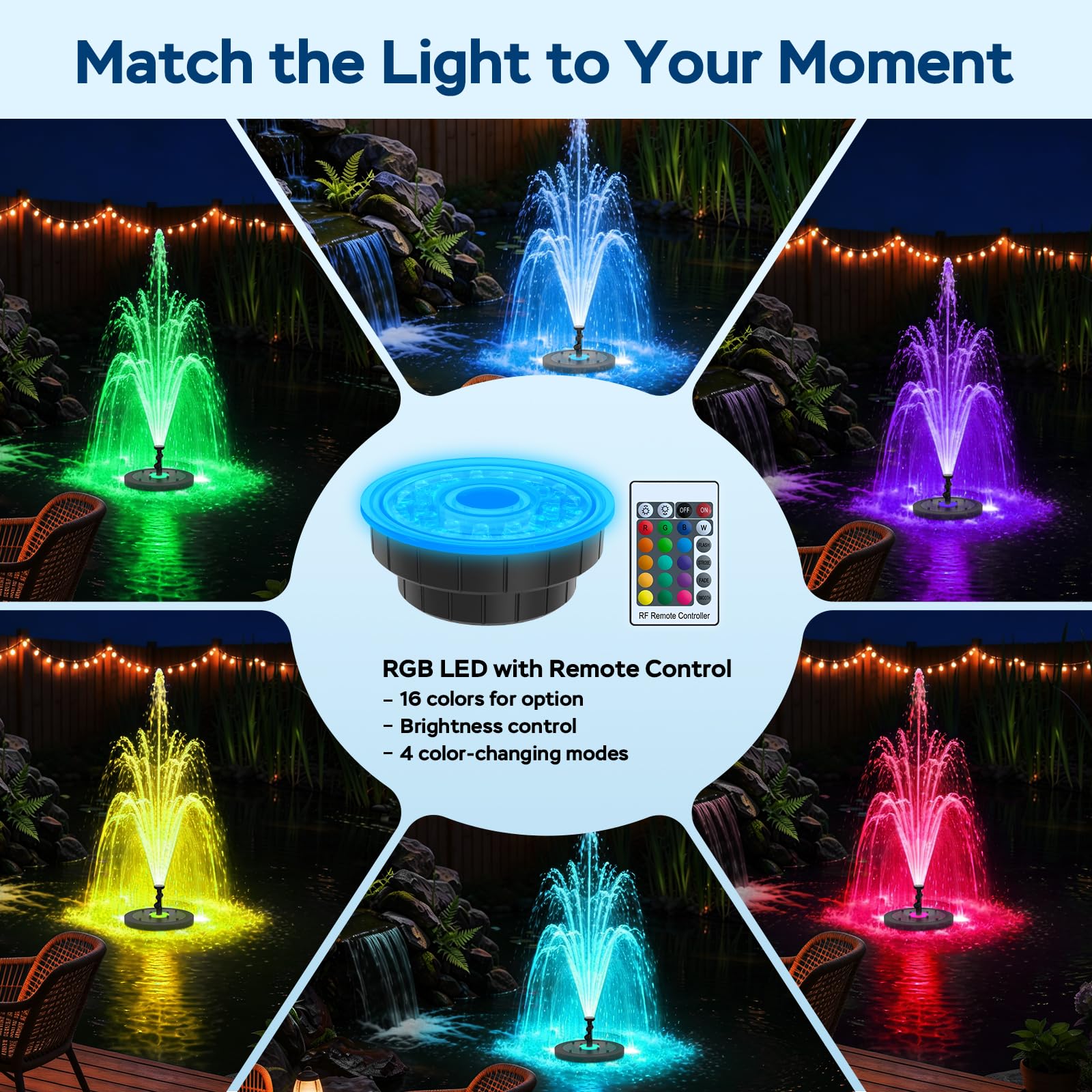 Schwimmende Teichpumpe mit Lichtern, RGB LED Fernbedienung | Teichbelüfter 660GPH Schwimmbrunnen Schwimmbrunnen mit 3 Sprühmustern Teichbrunnen