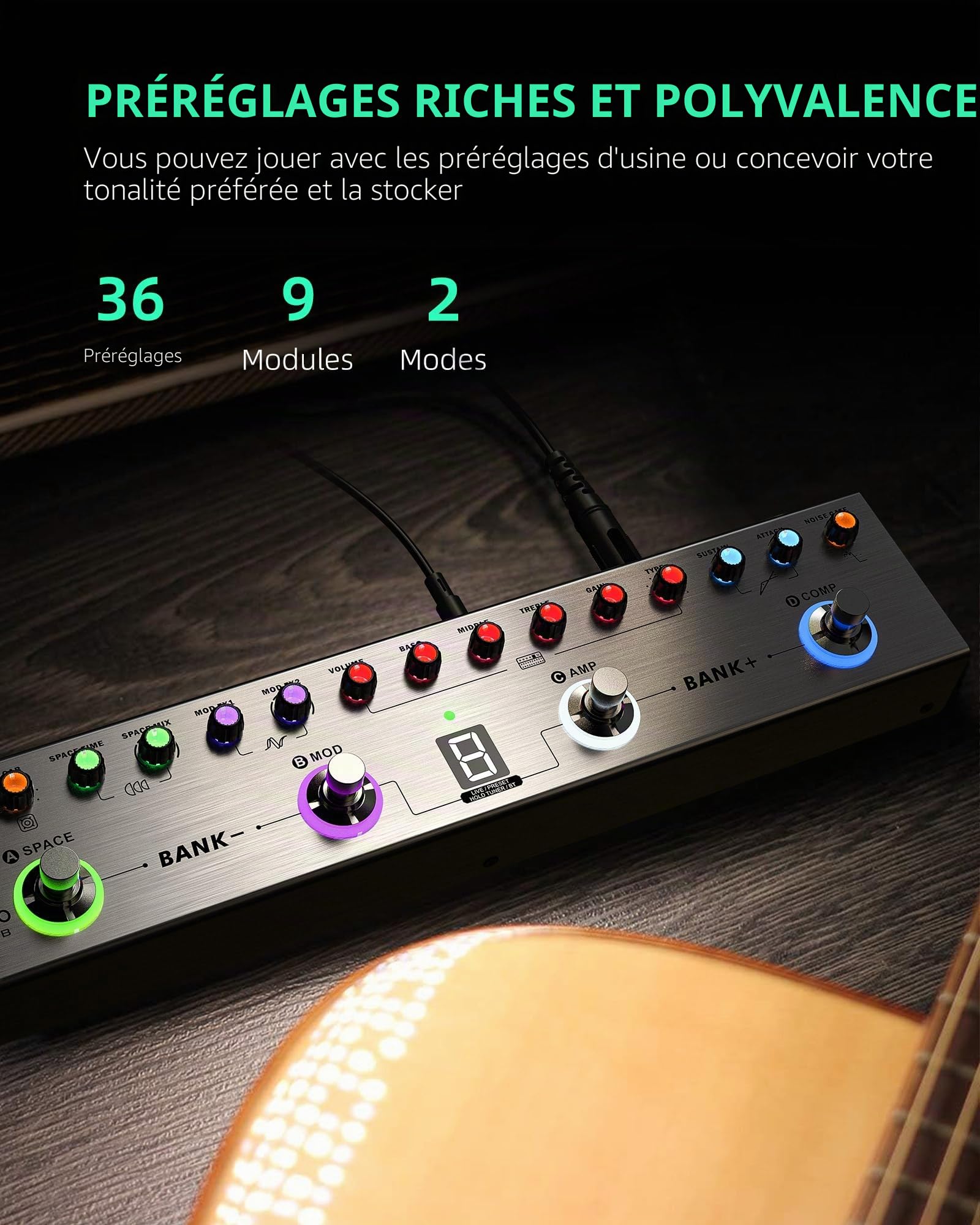 LEKATO Pédale d'effets multiples pour basse avec 36 presets éditables, compresseur, Space, MOD, Reverb, chargement IR, enregistrement, accordeur, batterie intégrée, connexion BT (Bass)