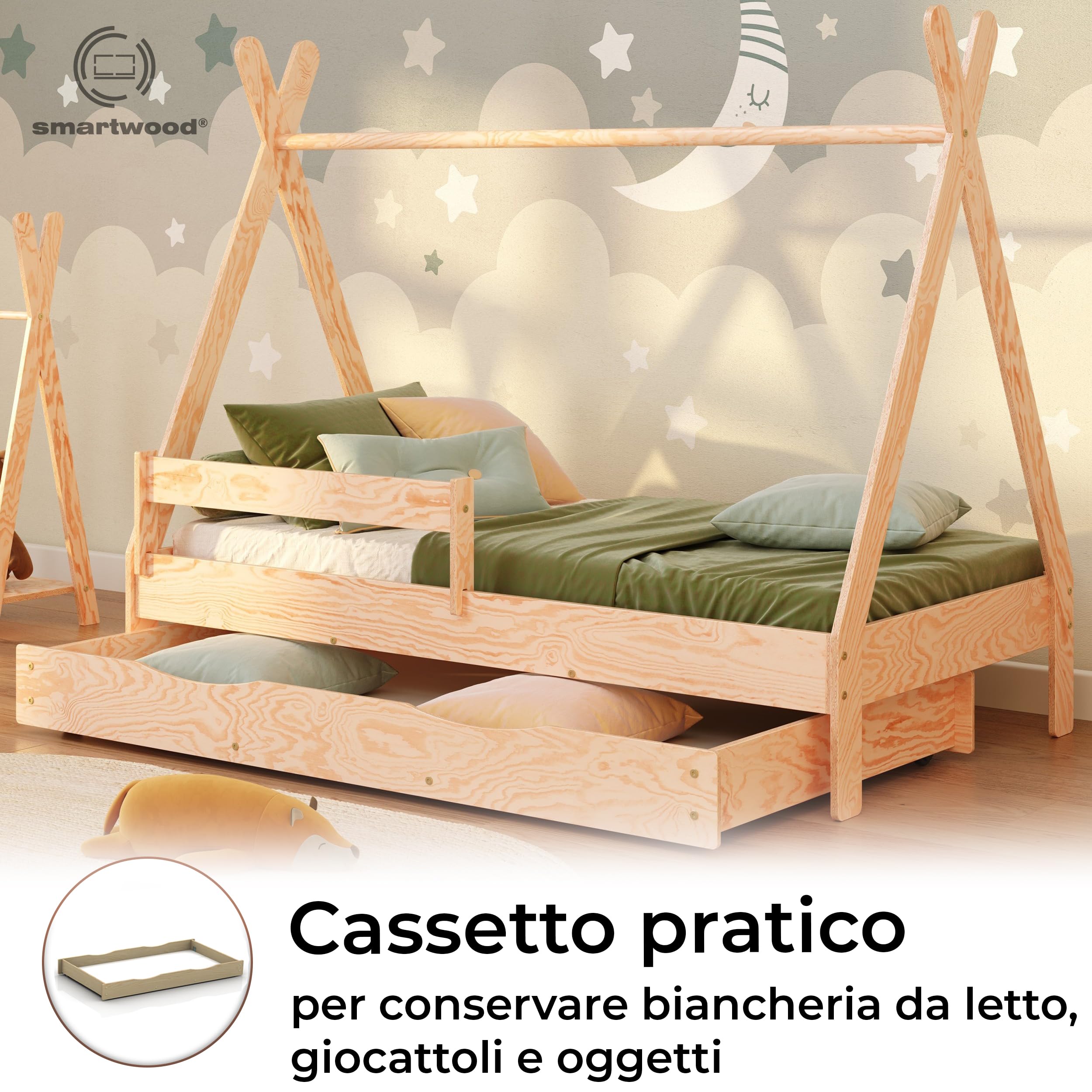 smartwood Letto Casetta Bambini 80x160 cm - Letto Singolo con Cassetto TIPI D in Legno di Pino FSC con Sponda Anticaduta e Reta a Doghe Fino a 230 kg - Per Bambino e Bambina - Montaggio Facile