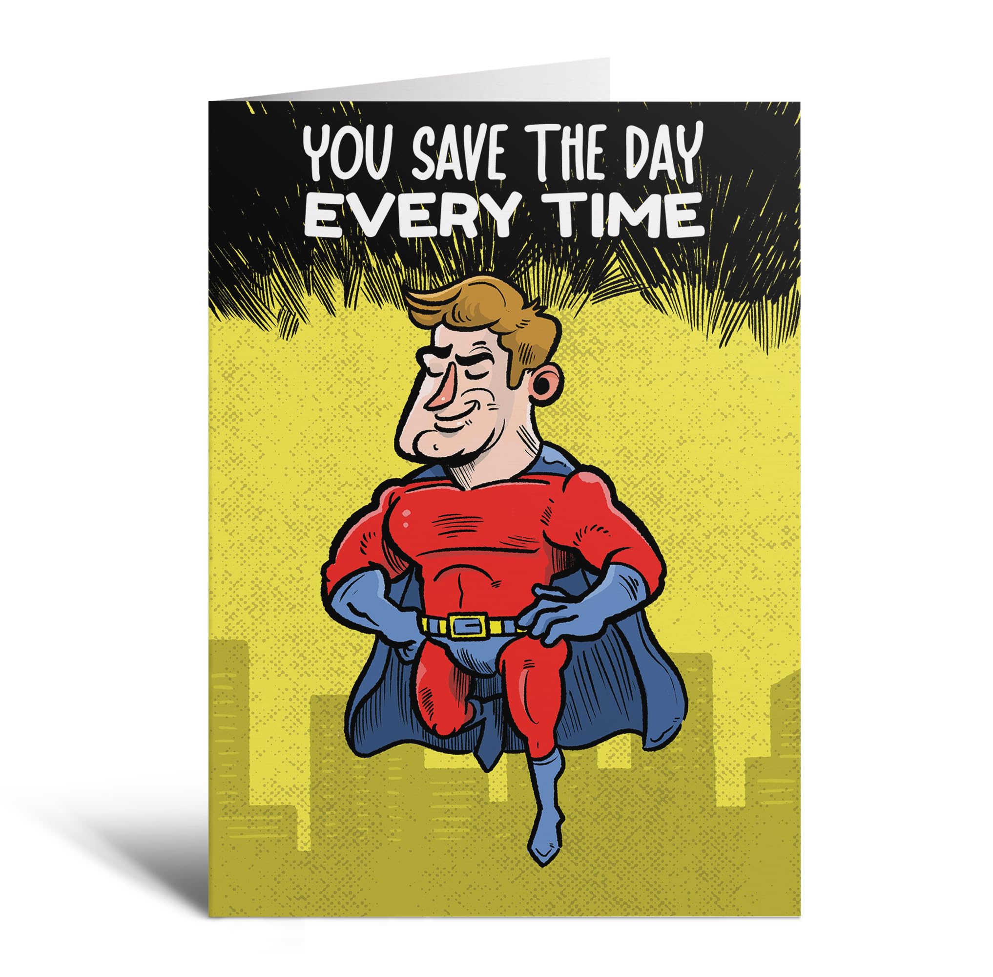 Funny Husband Birthday Card from Wife – 15x10cm Folded Cartoon Greeting Card with Keepsake for Him – Superhero Theme – Includes Envelope, Stickers & Premium Packaging