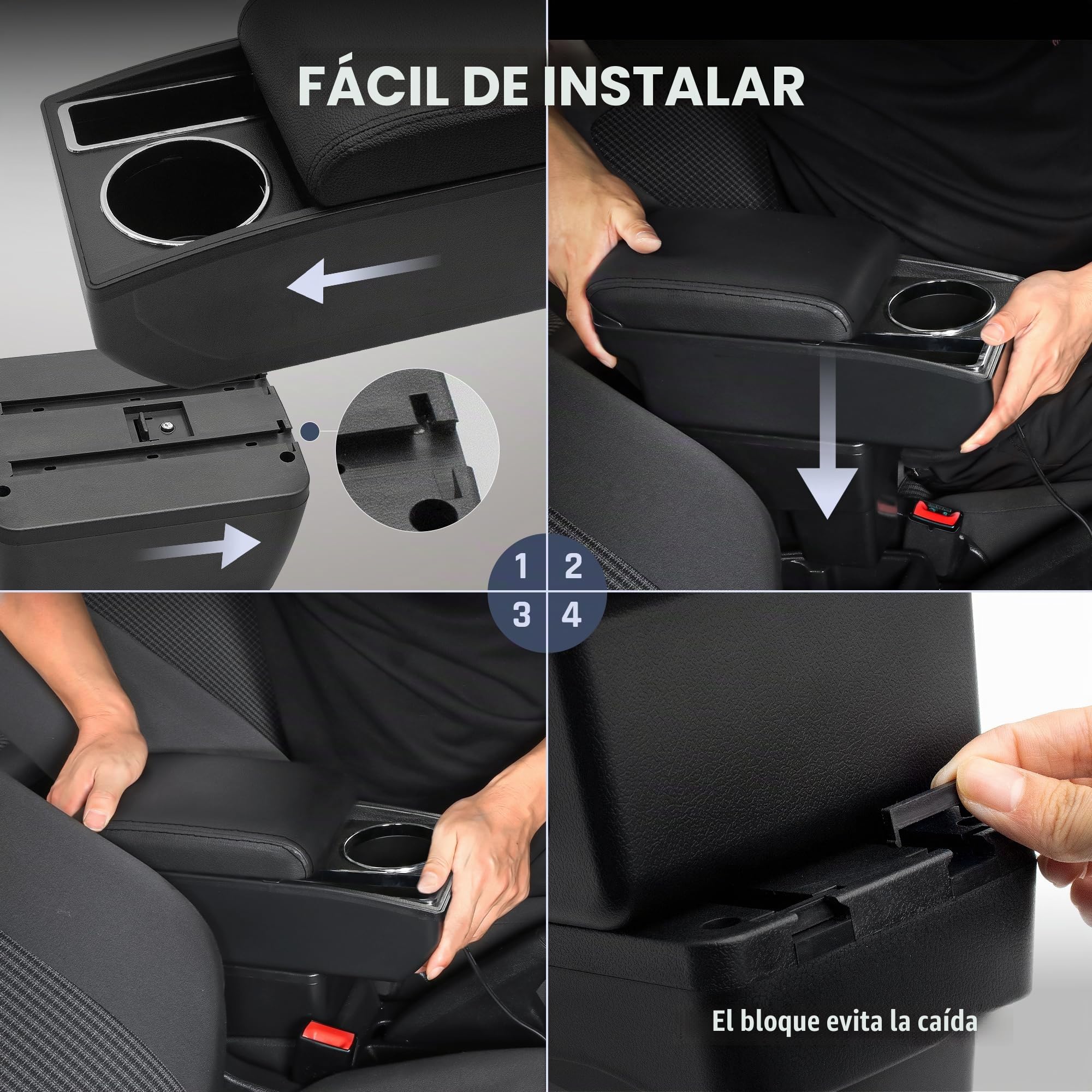 Apoyabrazos para Citroen Berlingo 2010-2020 Consola Central de Coche Doble Capa de Espacio de Almacenamiento con Portavasos Fácil de Montar Cuero Cómodo y Duradero Negro (Línea Negra)
