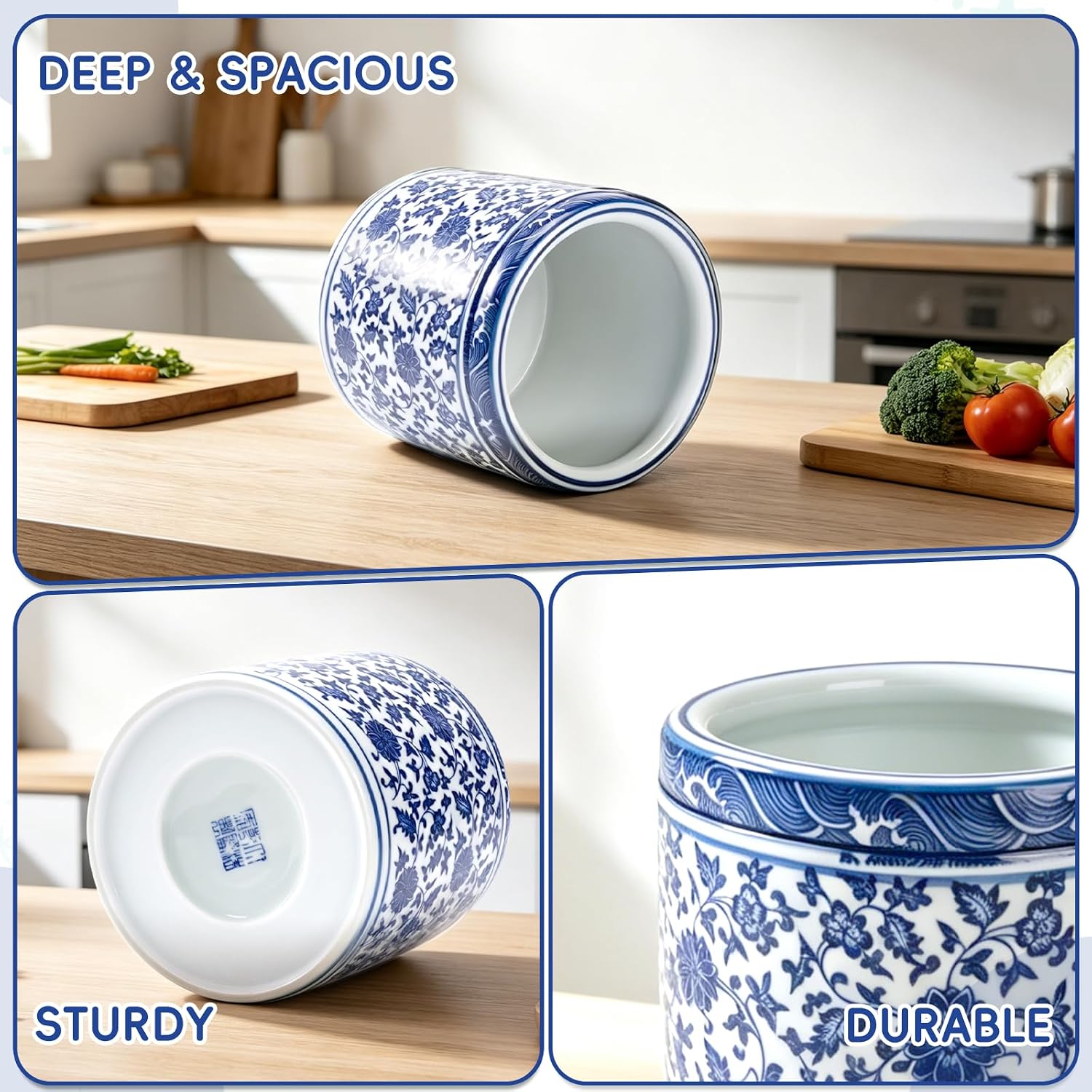 Ceramic Blue and White Utensil Holder Crock large Chinoiserie Floral Kitchen Countertop Organizer Ceramic Kitchen Crock for Cooking Utensils Home Decor & Parties