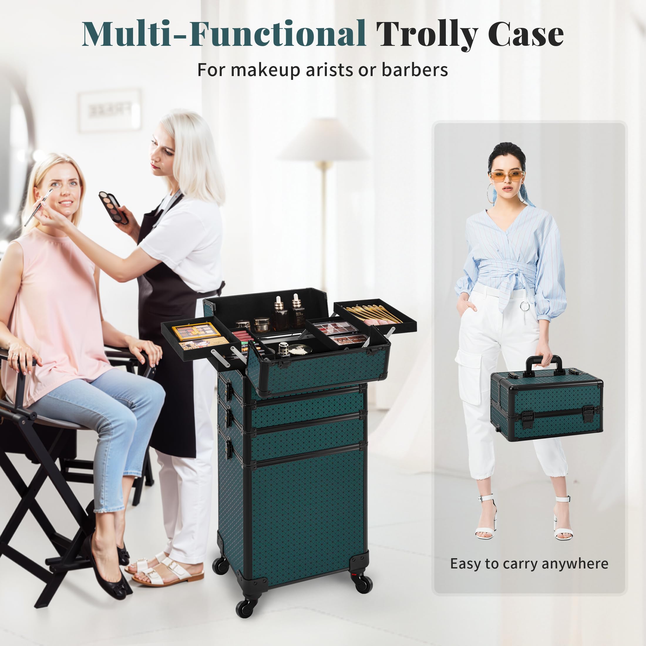 Arous 4-in-1 Professioneller Make-up-Zugkoffer, multifunktionaler Kosmetikwagen mit 360° drehbaren Rädern, Schlüsseln, großer Stauraum, Reisewagen, Kosmetik-Zugkoffer für Nageltechniker
