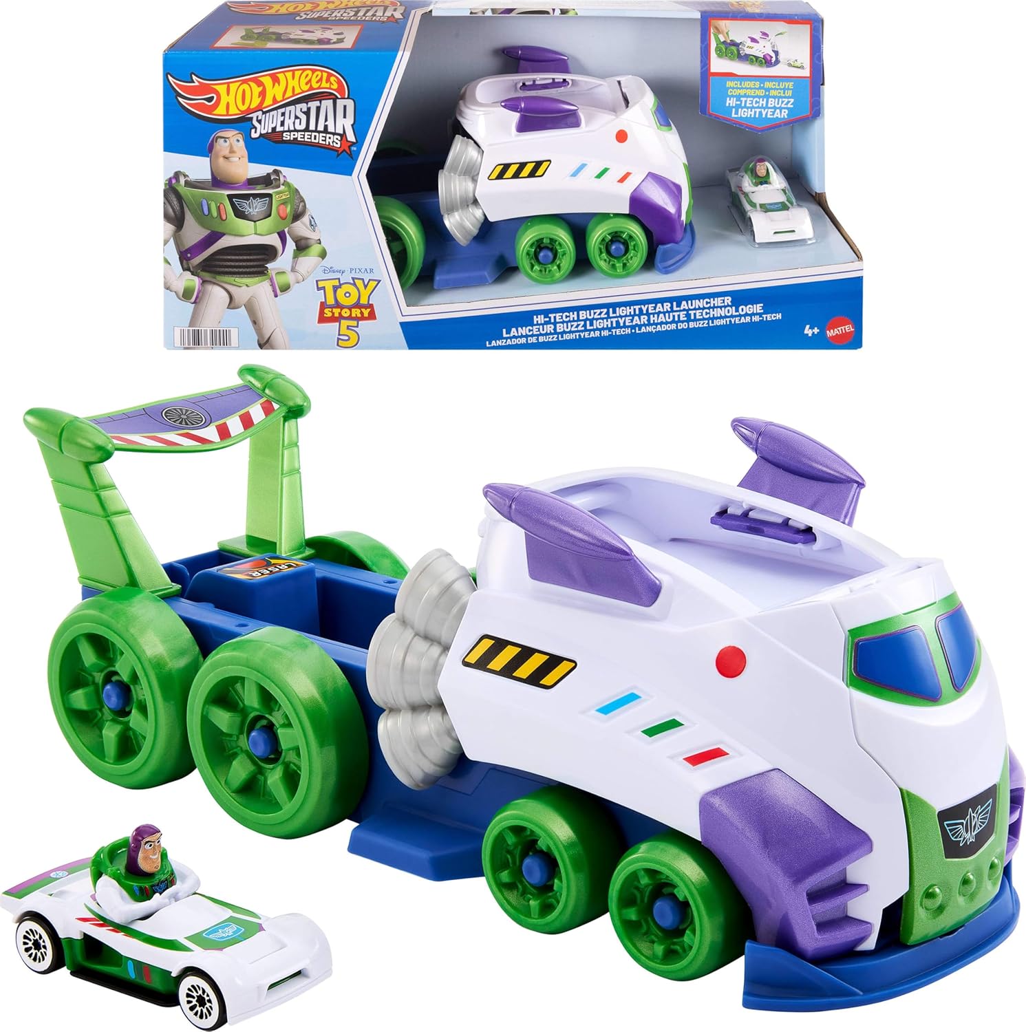 Hot Wheels Toy Car, Disney and Pixar Hi-Tech Buzz Lightyear Launcher & Hauler with 1:64 Scale Die-Cast Superstar Speeder Hi-Tech Buzz Lightyear