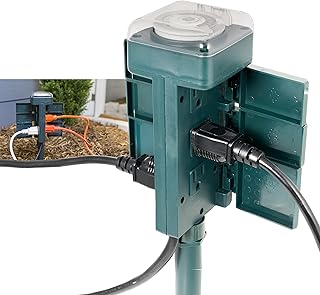 GE Outdoor 6 Outlet Mechanical Stake Timer, Easy-to-Set Dial, 30-Minute Interval Pushpins, 19.7 Inch Cord With Weather-Resistant Covers – 29972, Green