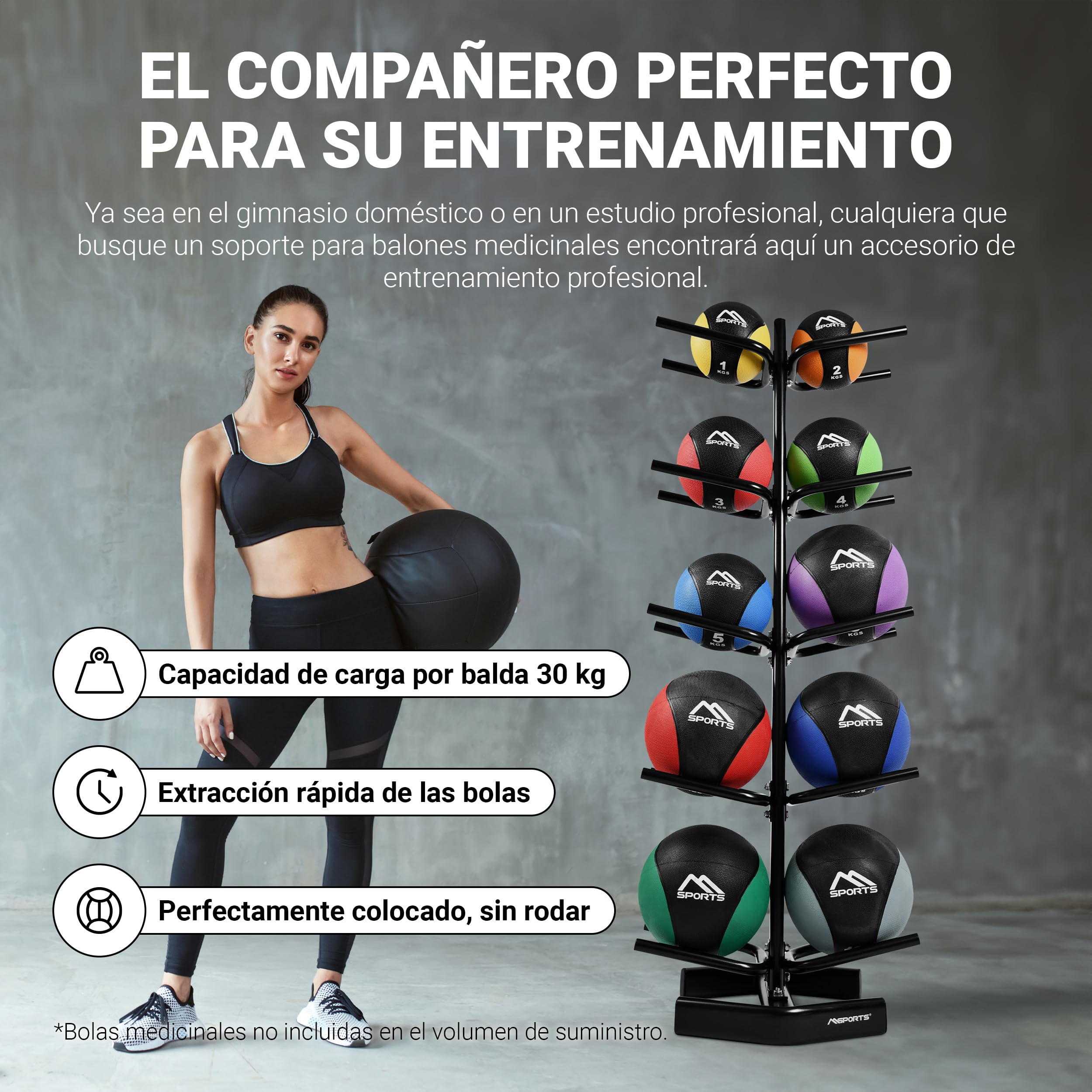 MSPORTS Estante para 10 pelotas de gimnasia balón medicinal