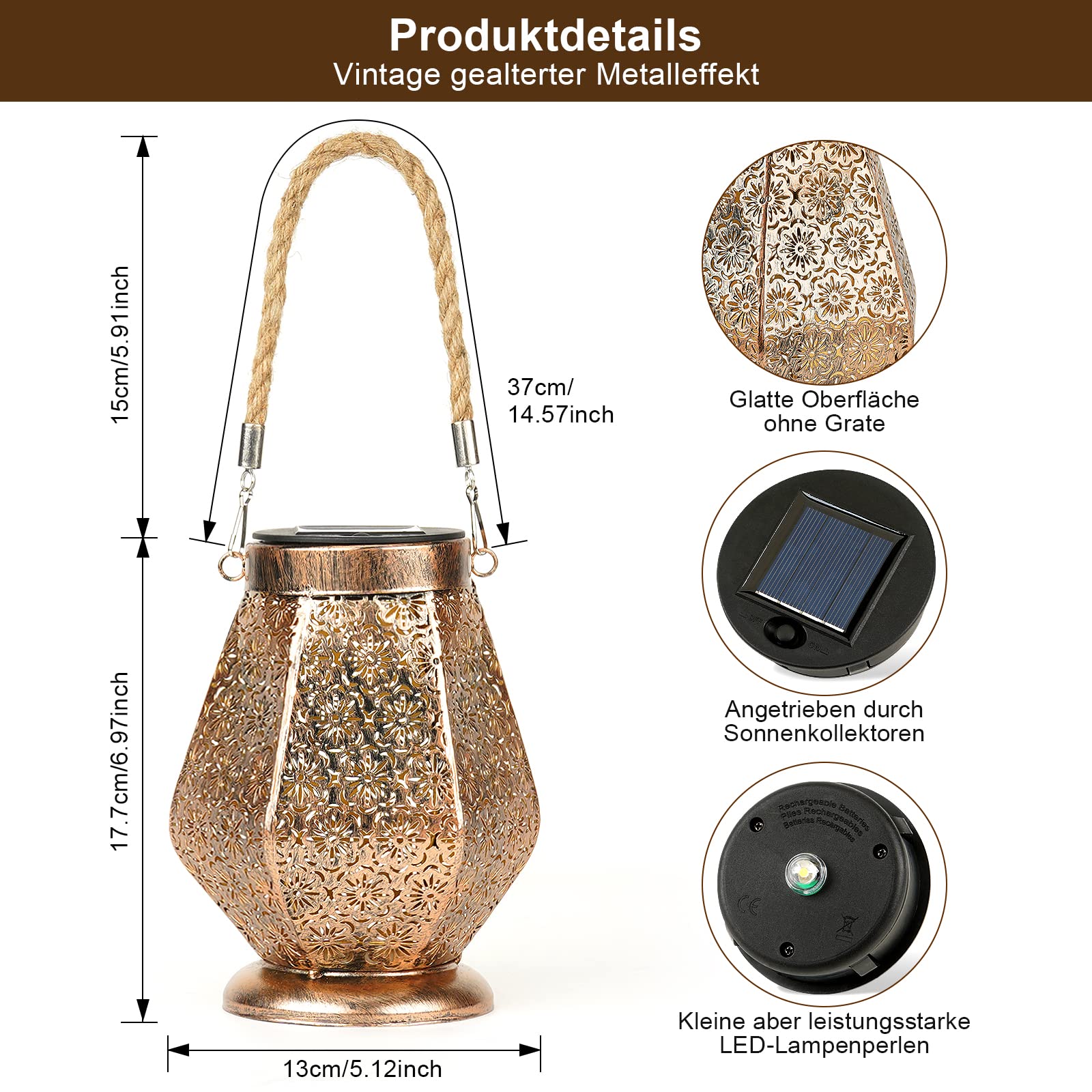 OUILA Lanterna solare per esterni, 2 lampadine a LED solari da giardino, IP65, impermeabili, da appendere, per esterni, giardino, balcone, esterno, terrazze, ecc