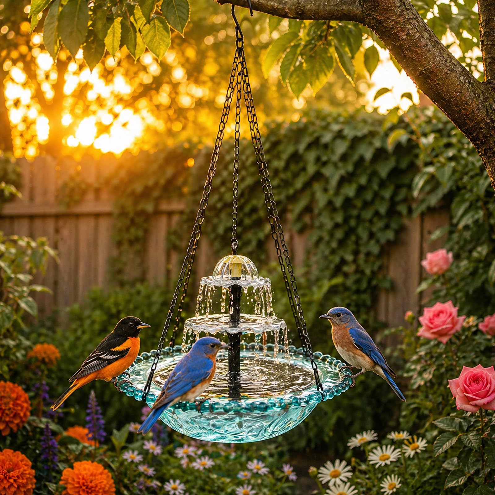 Solar Hanging Bird Bath Fountain, Upgrade 3 Layers Solar Powered Bird Feeders for Outdoors, Outdoor Humming Birds Cascade Baths Fountains, Garden Yard Patio Backyard Lawn Decor (Grey A)
