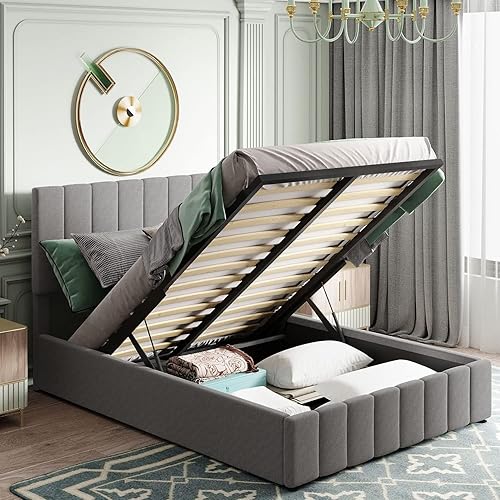 Harper & Bright Designs Lift Up Storage Bed Full Size Upholstered Bed with Tufted Headboard and Storage Underneath, Wooden Platform Bed Frame for Kids Teens Adults (Full Size, Gray)