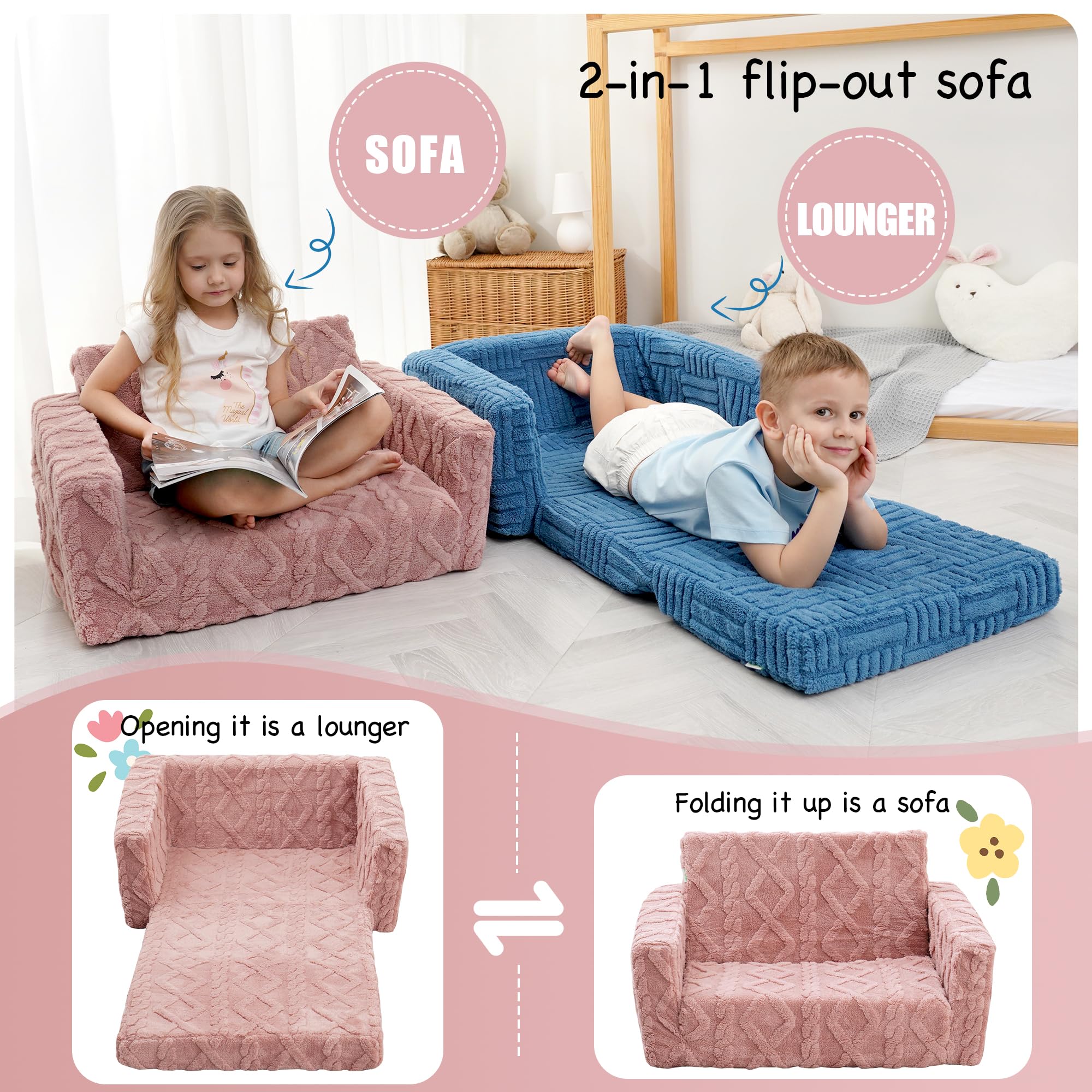 Sofá y tumbona plegable 2 en 1 para niños, silla convertible de franela suave, sofá abierto para niños (rosa) 2