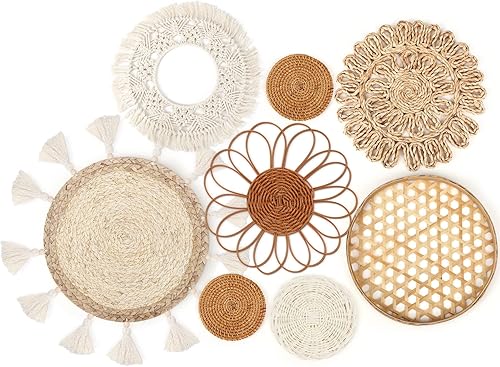 Juego de 8 cestas de pared bohemias para decoración de pared, cesta tejida plana, juego de decoración de pared de ratán, cesta redonda de bambú para