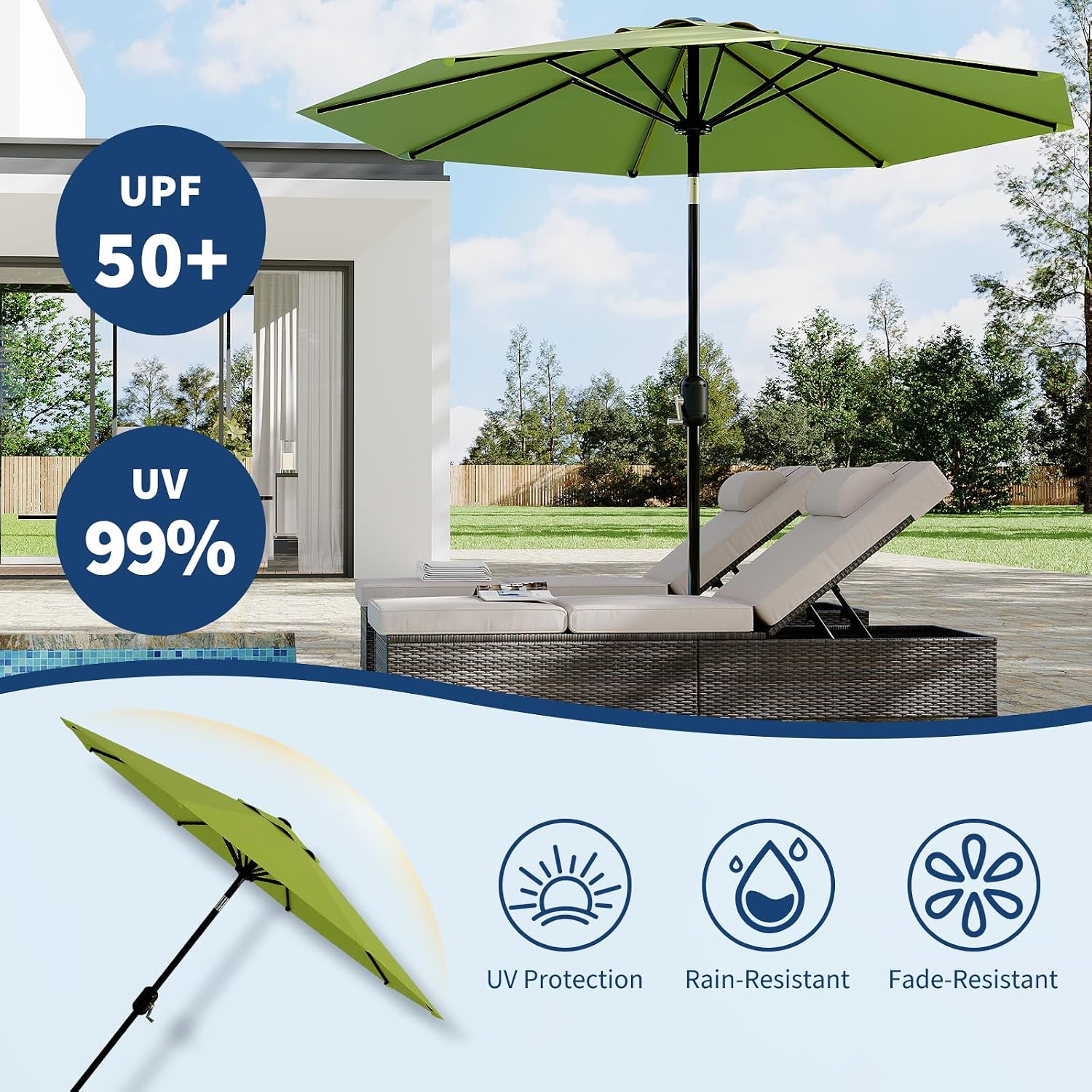GarveeLife 10FT Patio Umbrella Outdoor, Table Umbrella with Push Button Tilt and Crank, 8 Sturdy Ribs UV Protection Waterproof for Garden, Pool, Market, Deck (Garss Green)
