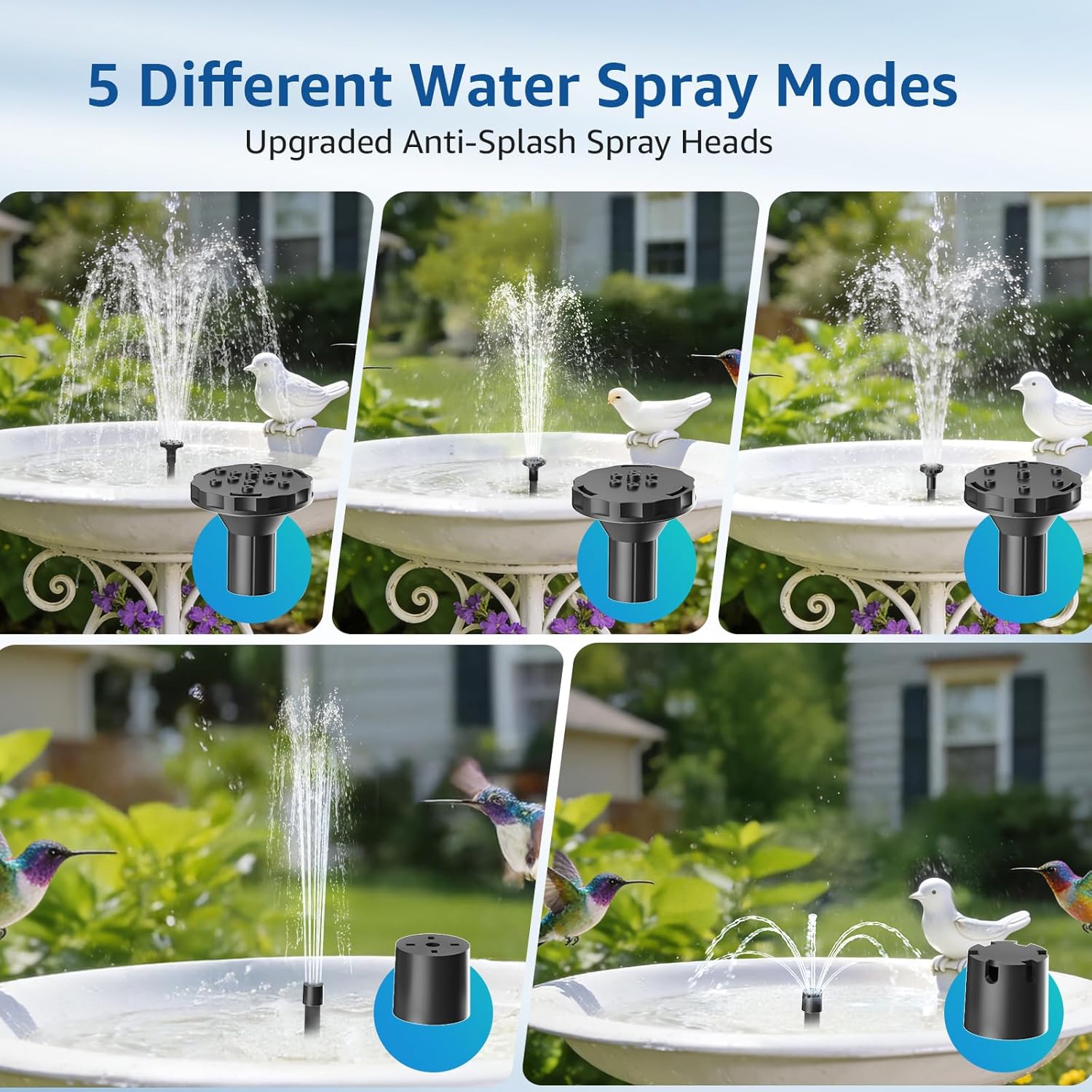 Solar Fountain Pump for Bird Bath, 4W Solar Water Fountain with 5 Spray Modes & 4ft Hose, 9.8ft Power Cord, Dry-Run Protection & Low Noise for Garden Small Pond Fish Tank DIY Water Feature