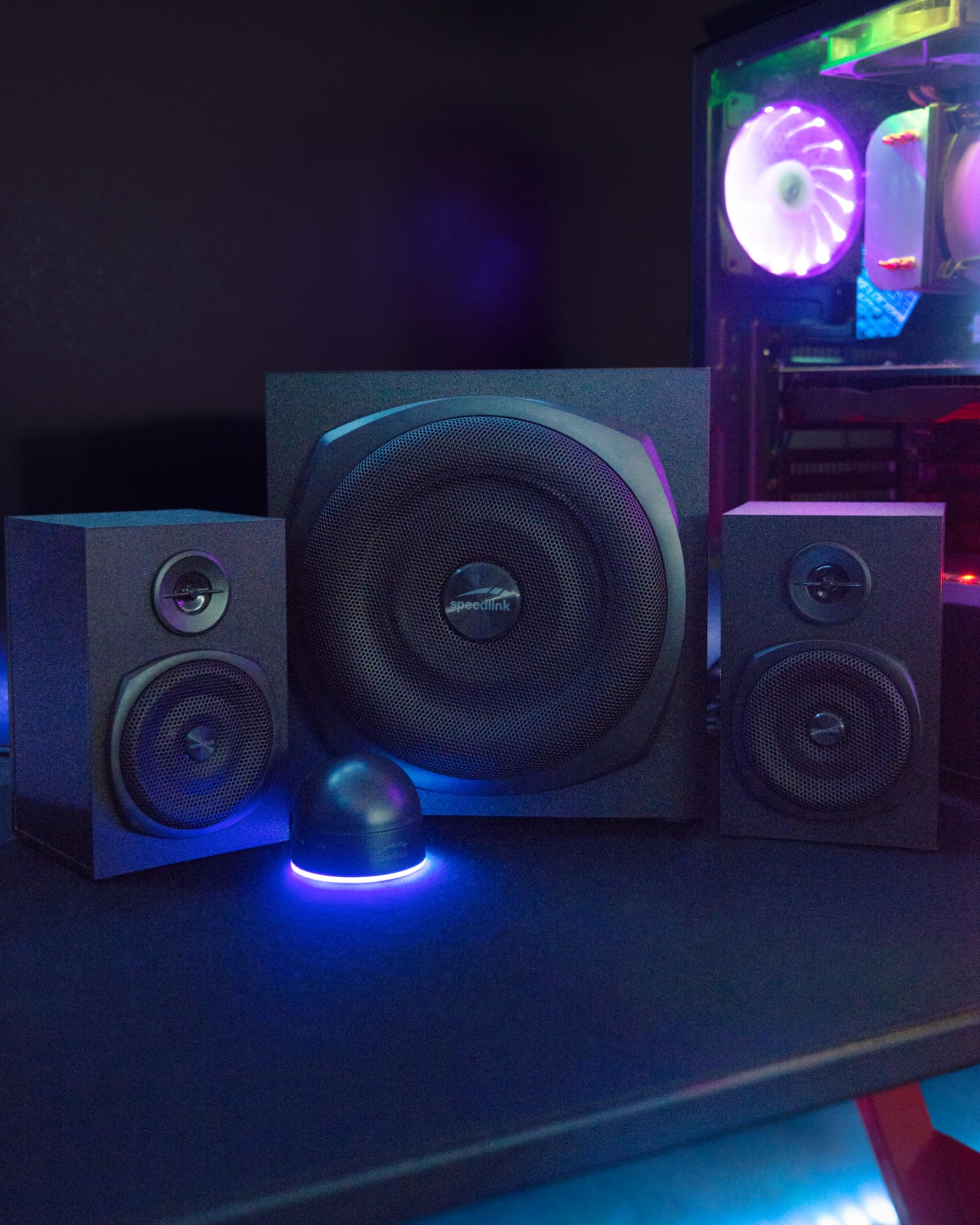 Speedlink GRAVITY LT głośniki komputerowe 2.1 z Bluetooth - z drewnianym subwooferem, aktywny system głośników 80 W, gniazdo AUX 3,5 mm, pilot biurkowy RGB, czarny