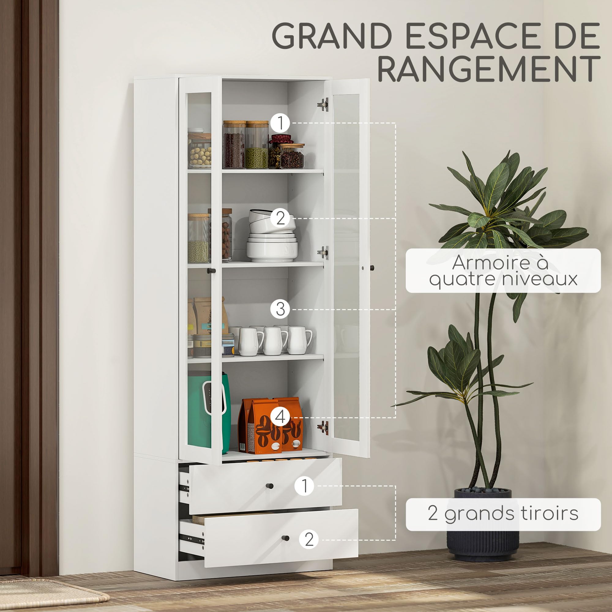 HOMCOM Meuble de Rangement Buffet Salon Placard 59 x 30 x 164 cm Blanc | Portes Vitrées, Étagères Réglables, 2 Tiroirs, Armoire de Rangement, Salon Cuisine Chambre