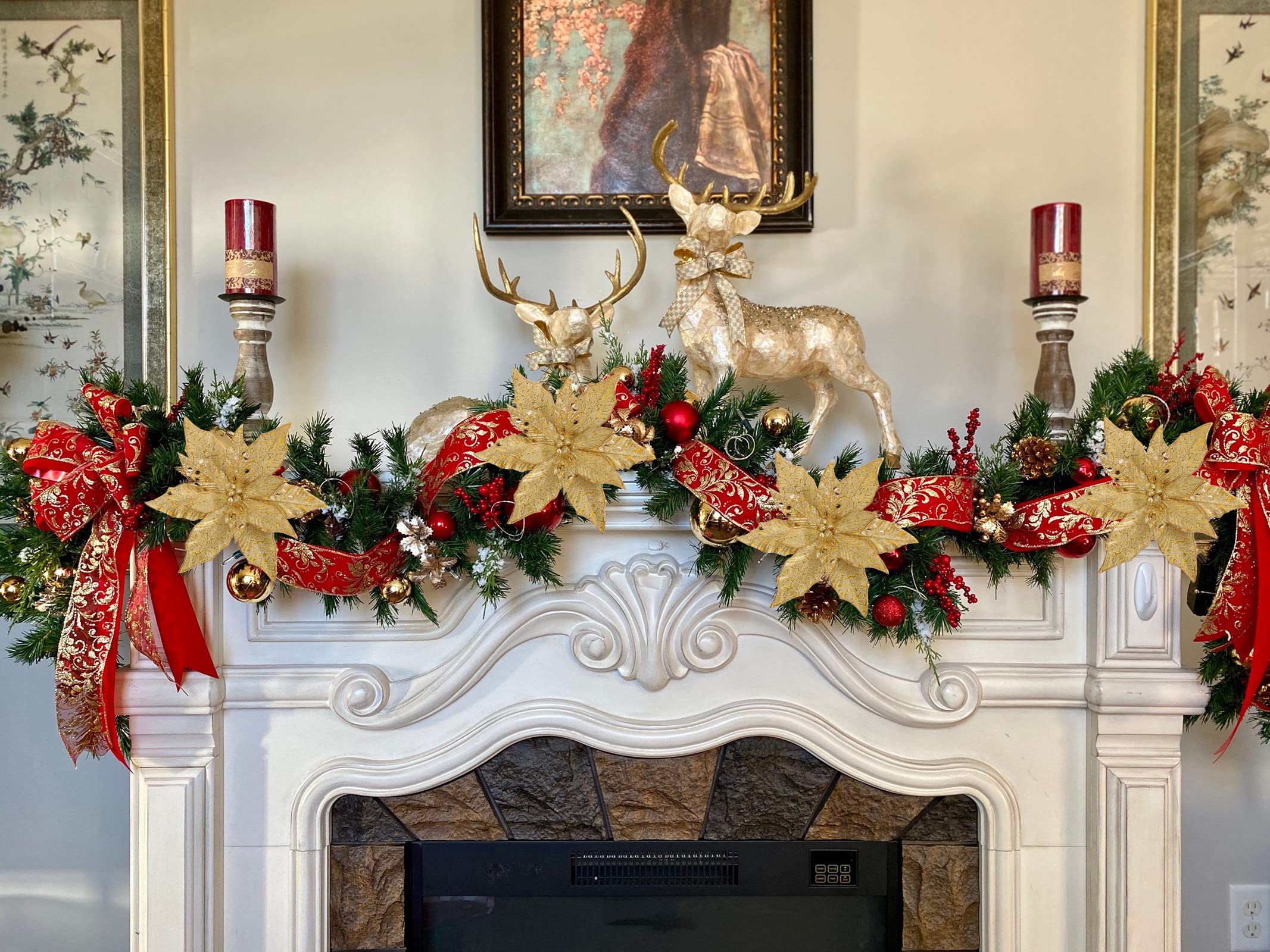 Oairse Juego de 4 Flores Artificiales de Navidad de 30 cm de Diámetro, Estrellas para Decoración de Árbol, Flores para Vacaciones, Centro de Mesa de Comedor