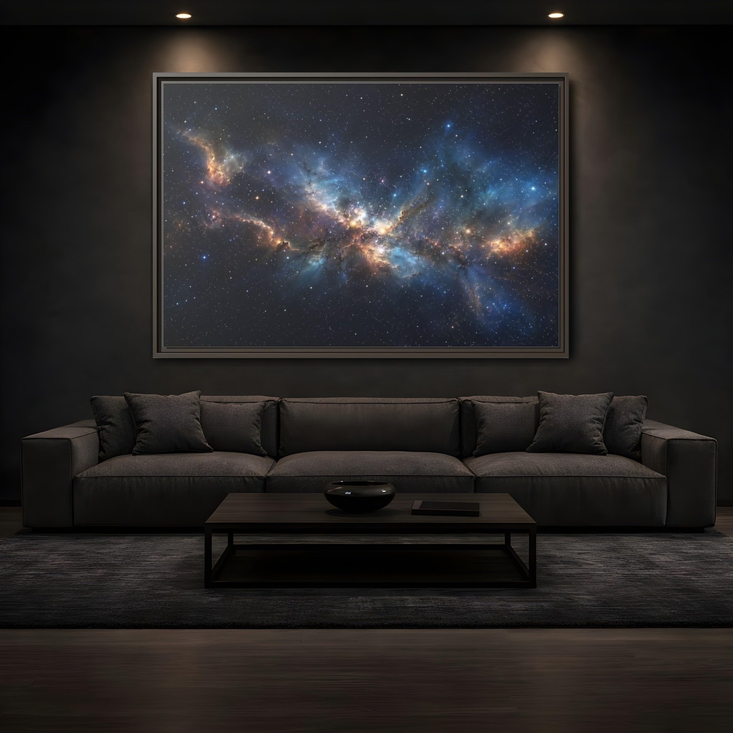 Science Fiction Nebula Blue And Orange Framed Canvas Wall Art Print – Modern Living Room Above Console Table 36×24 inch (90×60 cm) - Horizontal/Black / 1.25 inch (3 cm)