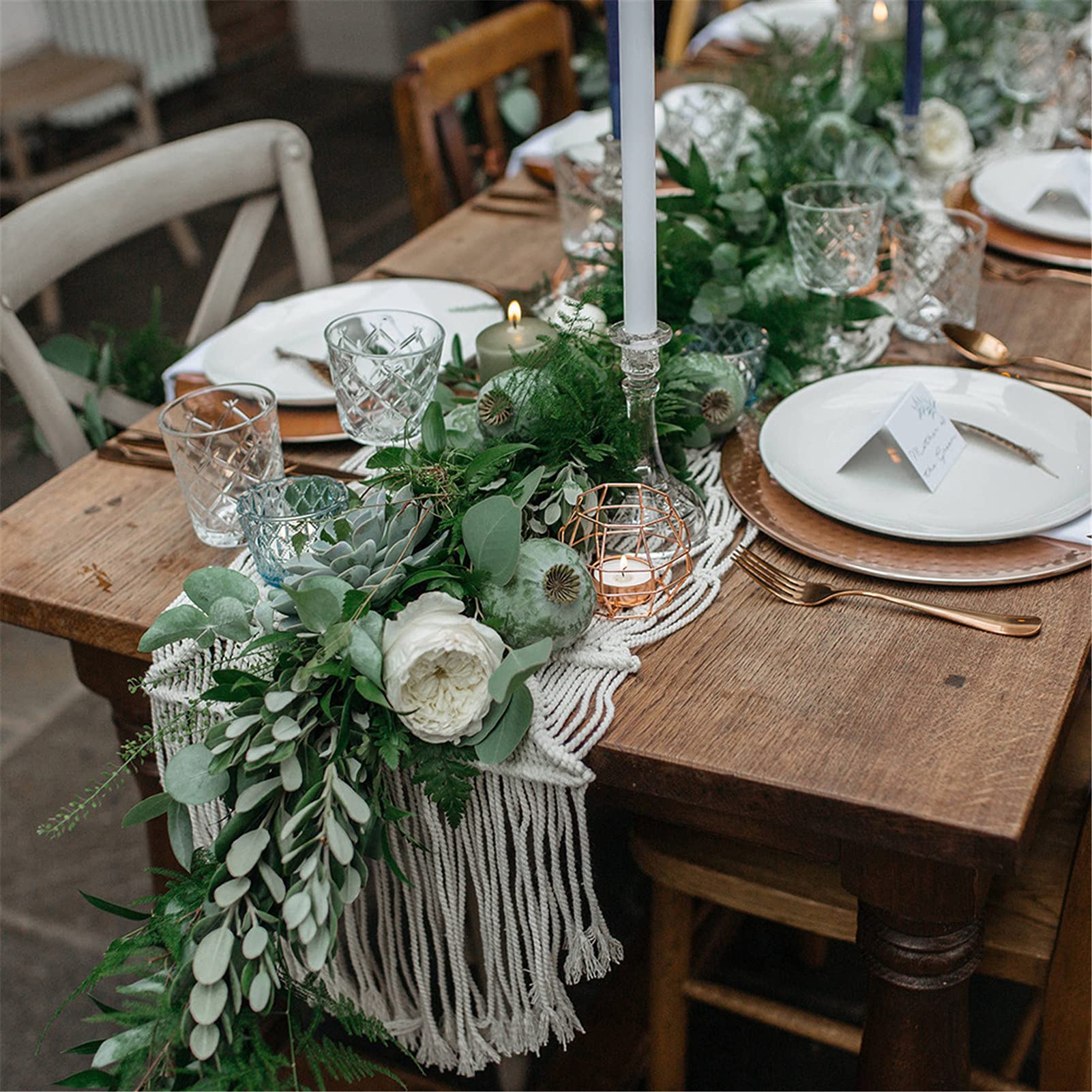 Beige Boho Tischläufer Mit Quasten, Handgewebter Makramee-Tischläufer, Böhmische Baumwoll-Tischdecke Für Dinnerparty Hochzeitstisch Wedding,35x220cm