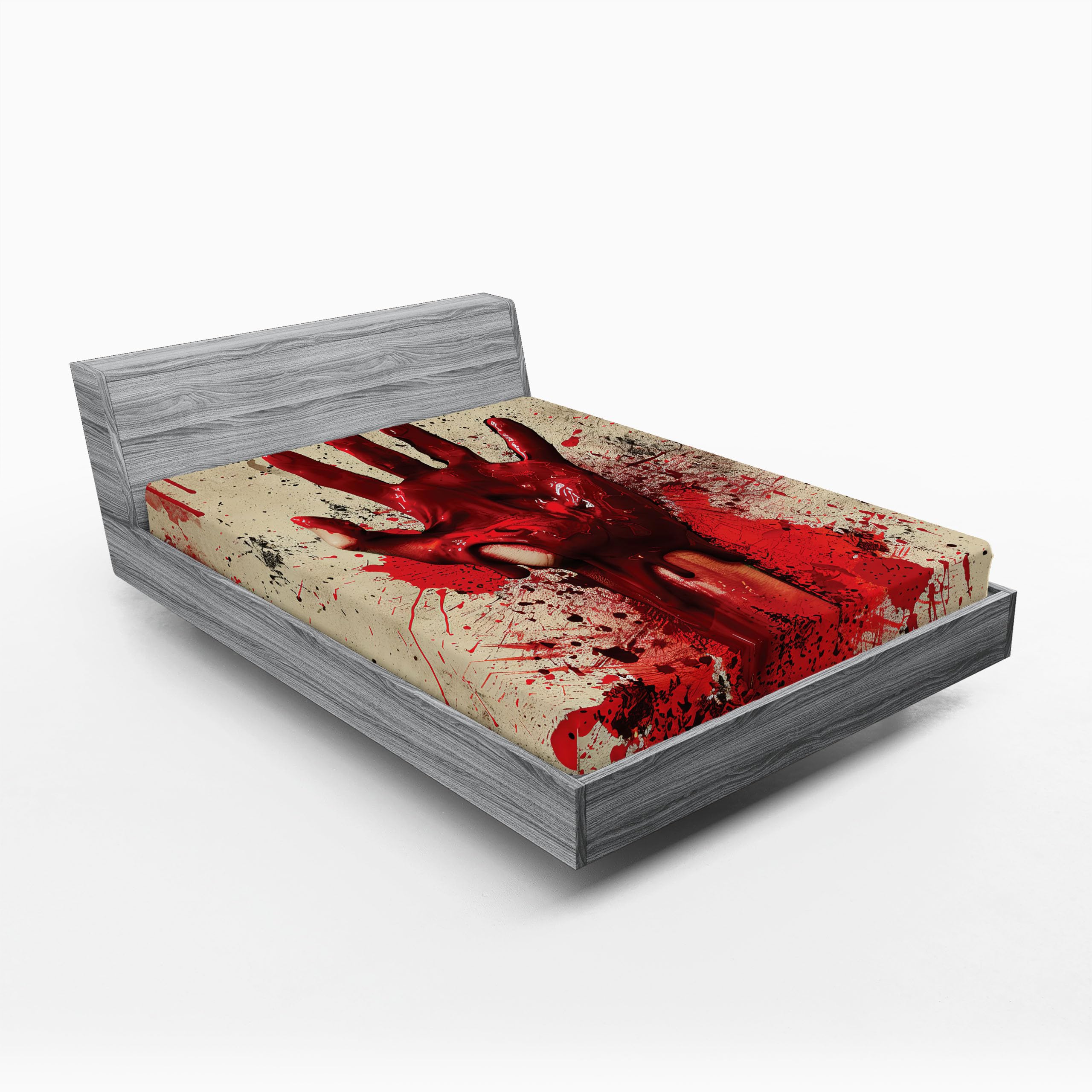 Ambesonne Halloween Fitted Sheet Bloody Hand with Grunge Effect Scribbles Scary Party Horror Themed Bed Cover with All-Round