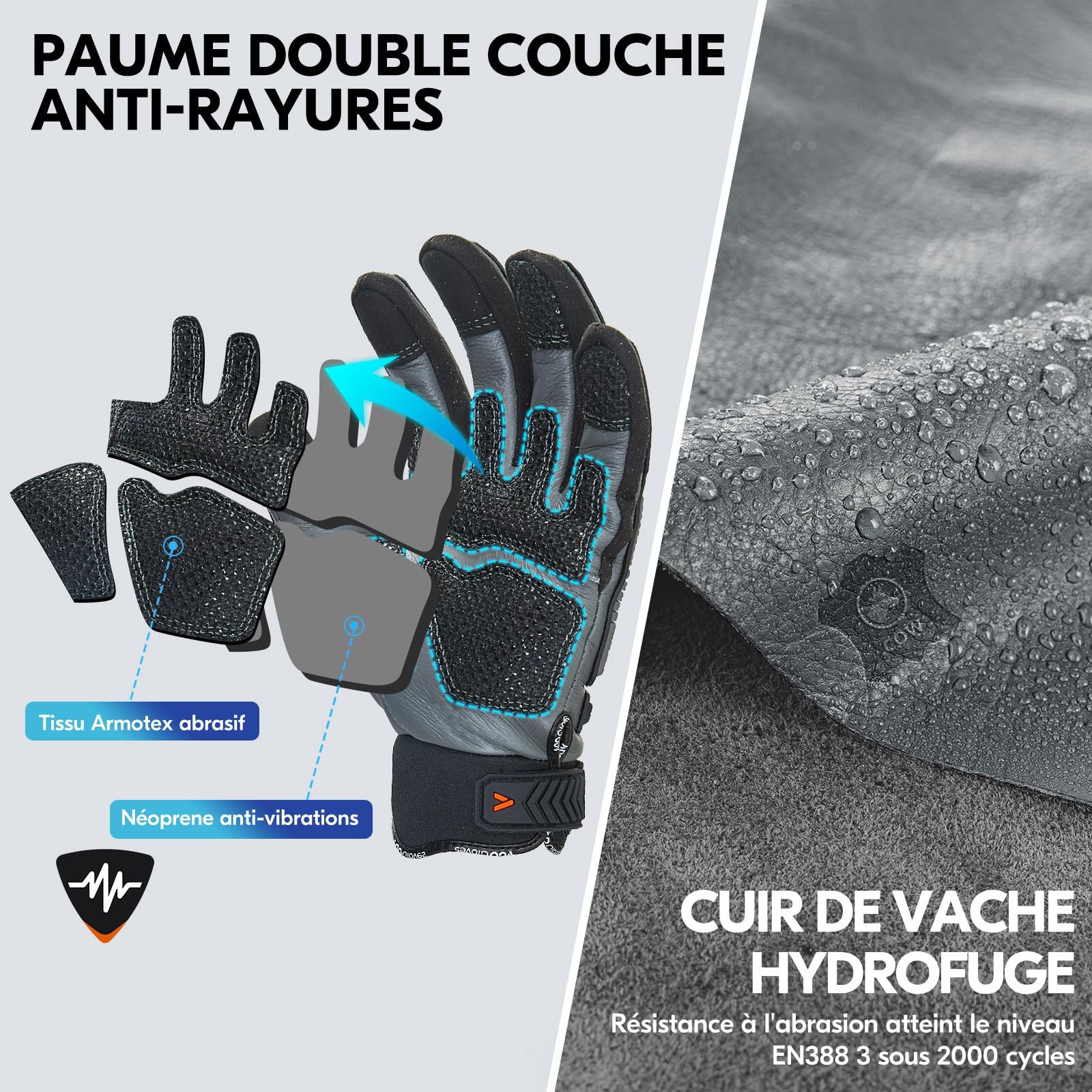 Vgo... Gants mécanicien en cuir homme anti-vibration et impact(CA7722WR,S) | Gris,cuir de vachette déperlant,anti-vibration,très abrasif,écran tactile,industriel,automobile,heavy duty mécanicien