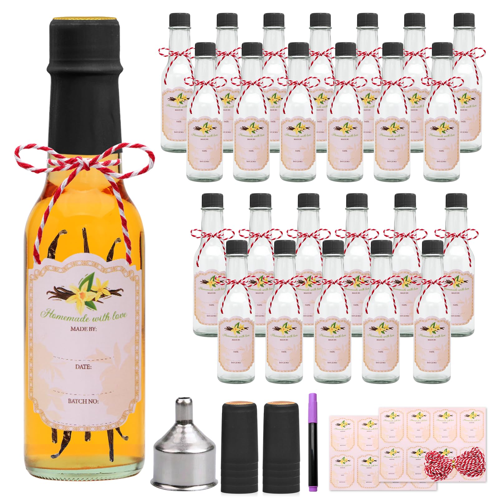 5oz Clear Woozy Bottles with Shrink Capsules,Small Wine Bottles With Shirnk Bands Glass Hot Sauce Bottles,Empty Small Beverage/Canning Bottles With Black Caps Set of 25