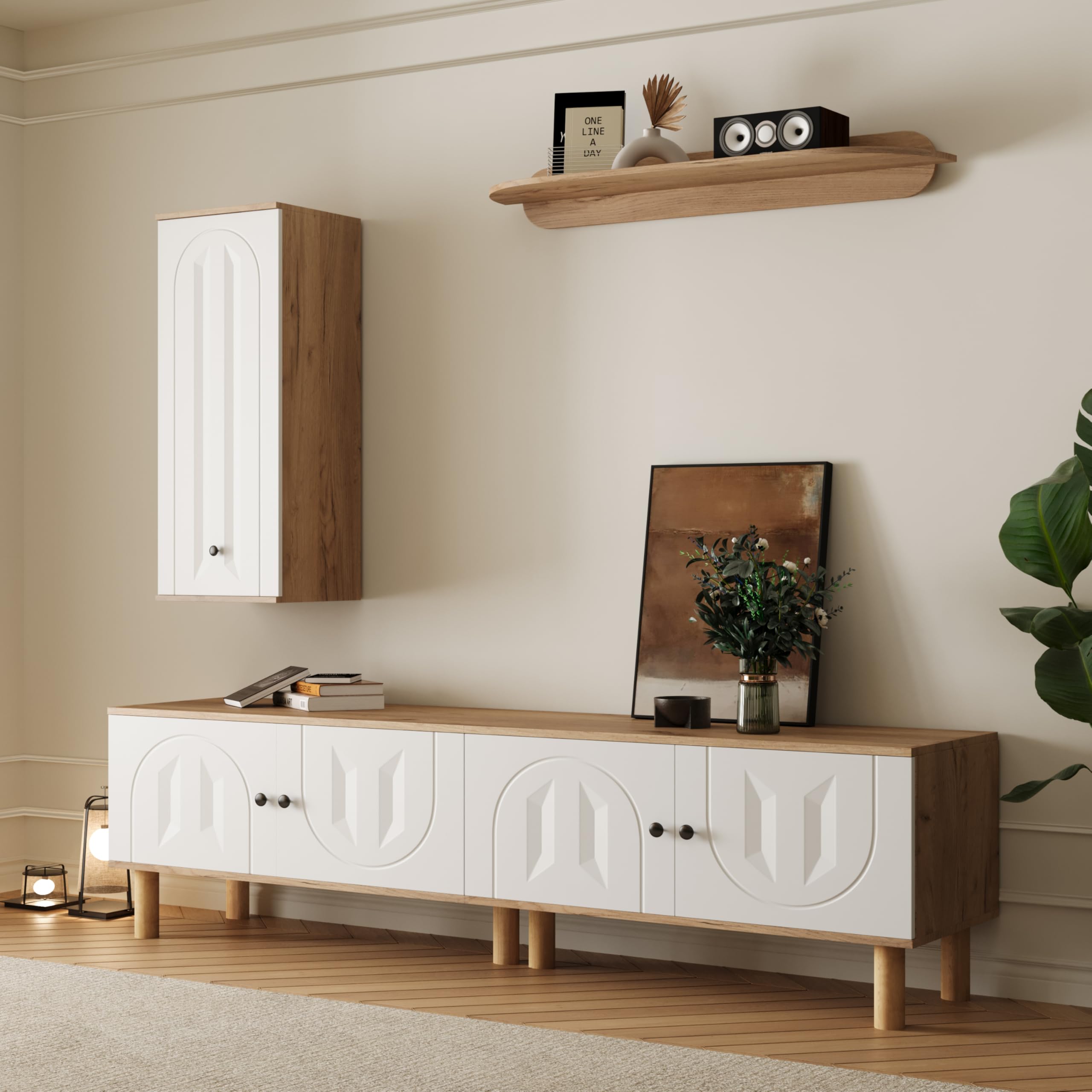 3 piezas, pared de salón, lo mejor de: Highboard, armarios, tablero de pared. Paneles de puerta tallados blancos y de madera.