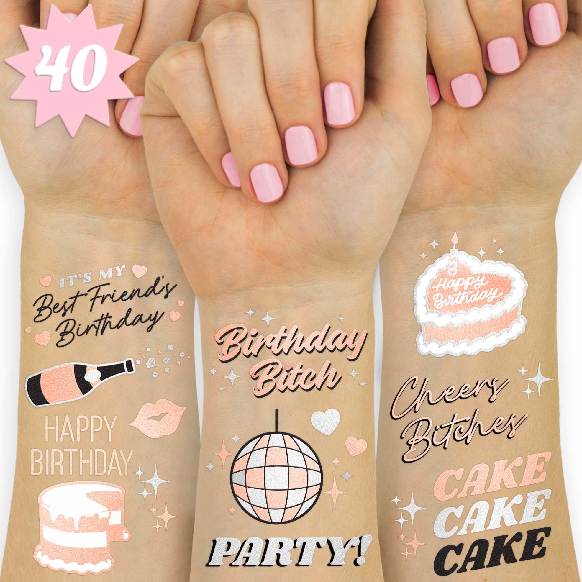 xo, Fetti Birthday Party Tattoos - 40 Glitter Styles | Rose Gold Bday Decorations - 21st, 30th, Birthday Girl, Queen