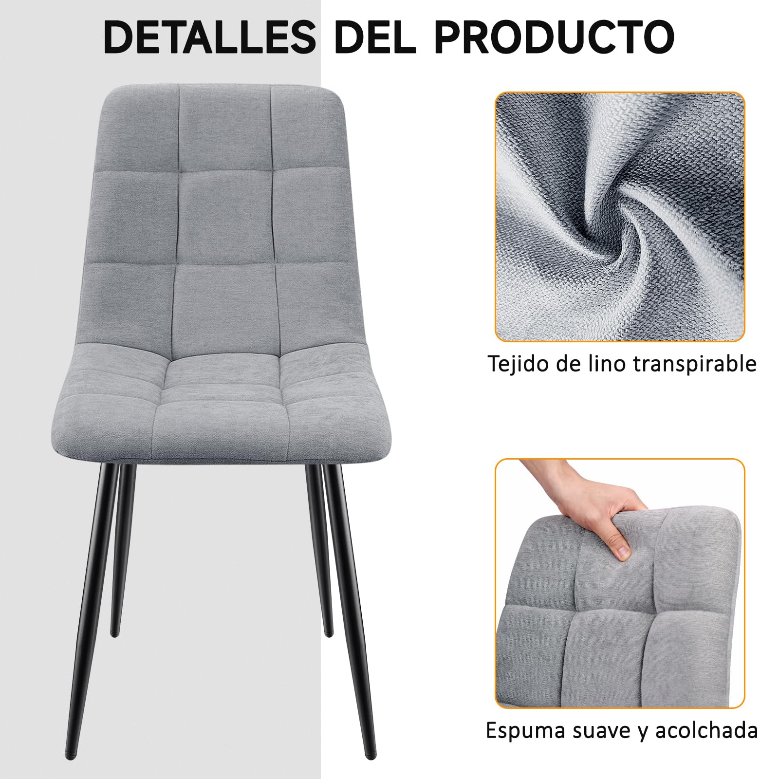 Pack de 6 Sillas de Comedor, Sillas Cocina con Tela de Lino Y Patas De Metal Negro,Sillas Tapizadas,Silla de Dormitorio,Silla de SalóN,Sillas Comedor Modernas-Gray